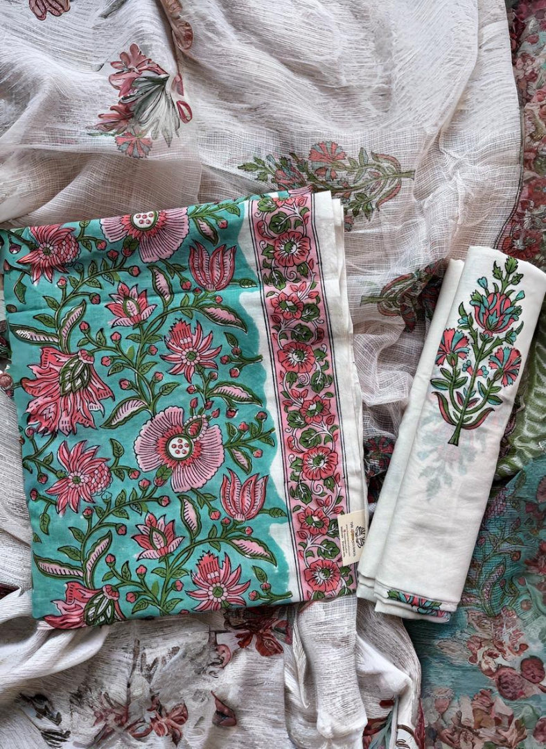 Cyan Floral Pure Cotton Handblock Suit with Kota Dupatta