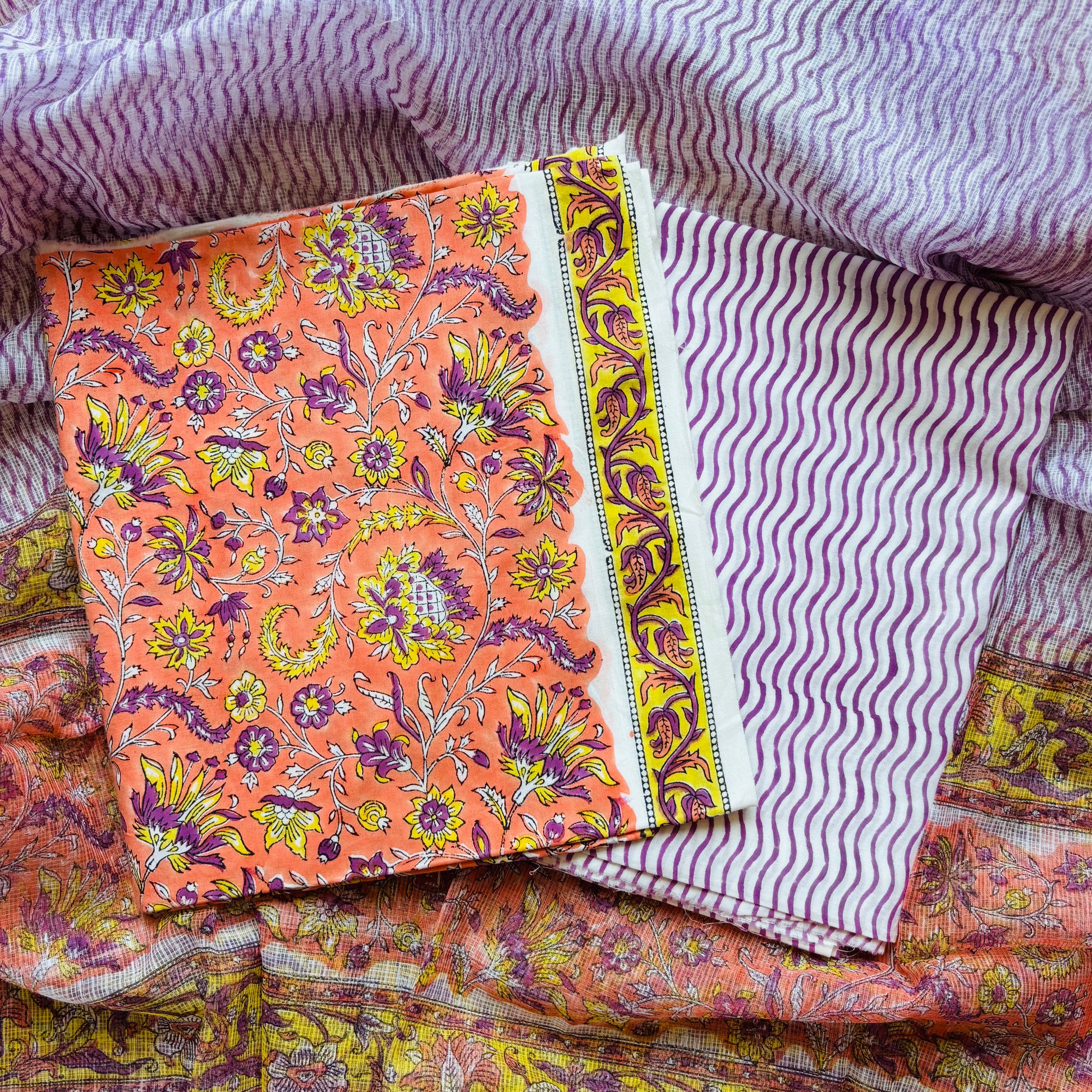 Multicolor Handblock Sukoon unstitched suit