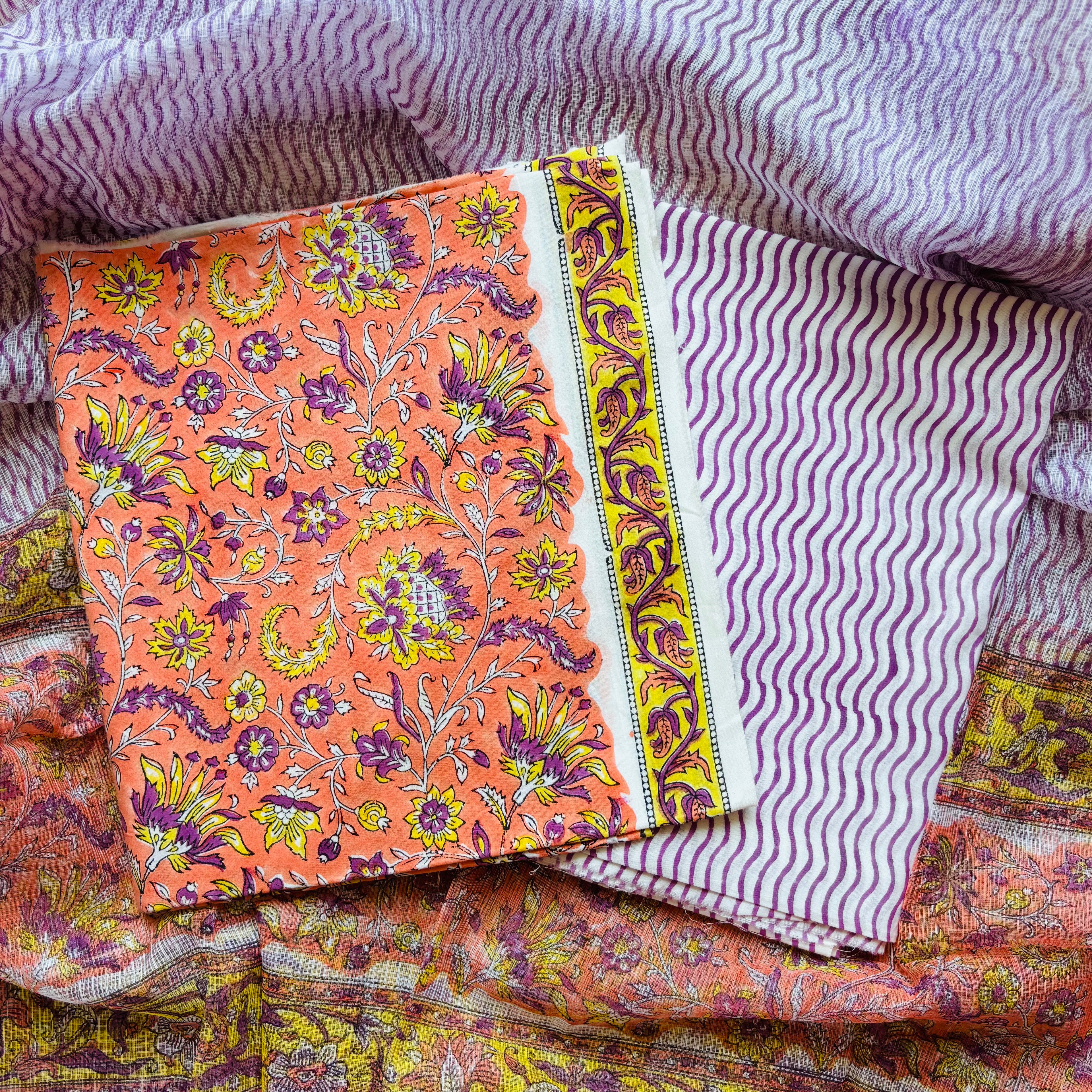 Multicolor Handblock Sukoon unstitched suit