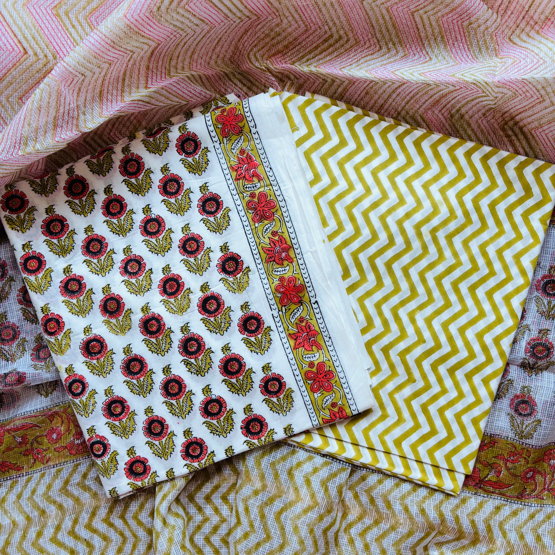 Multicolor Handblock Sukoon unstitched suit