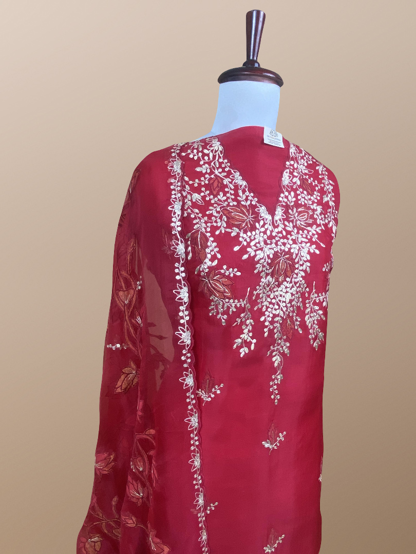 Pure Organza with Pitta Applique leaves Embroidery Suit