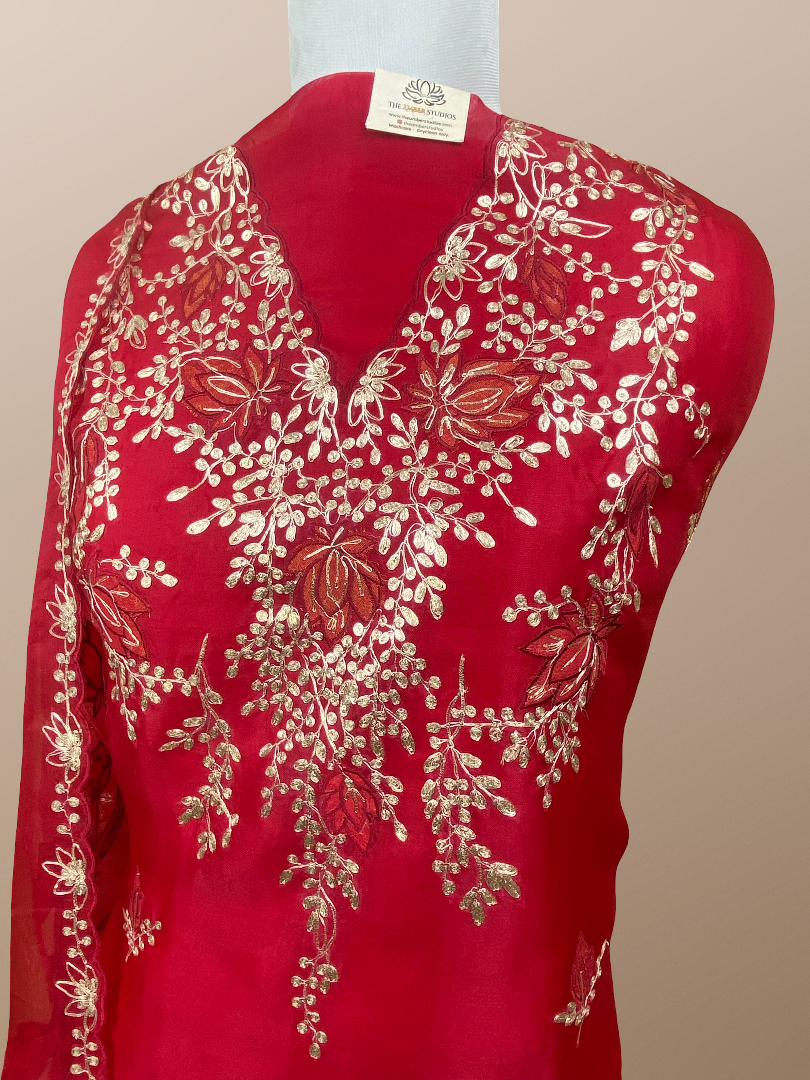 Pure Organza with Pitta Applique leaves Embroidery Suit