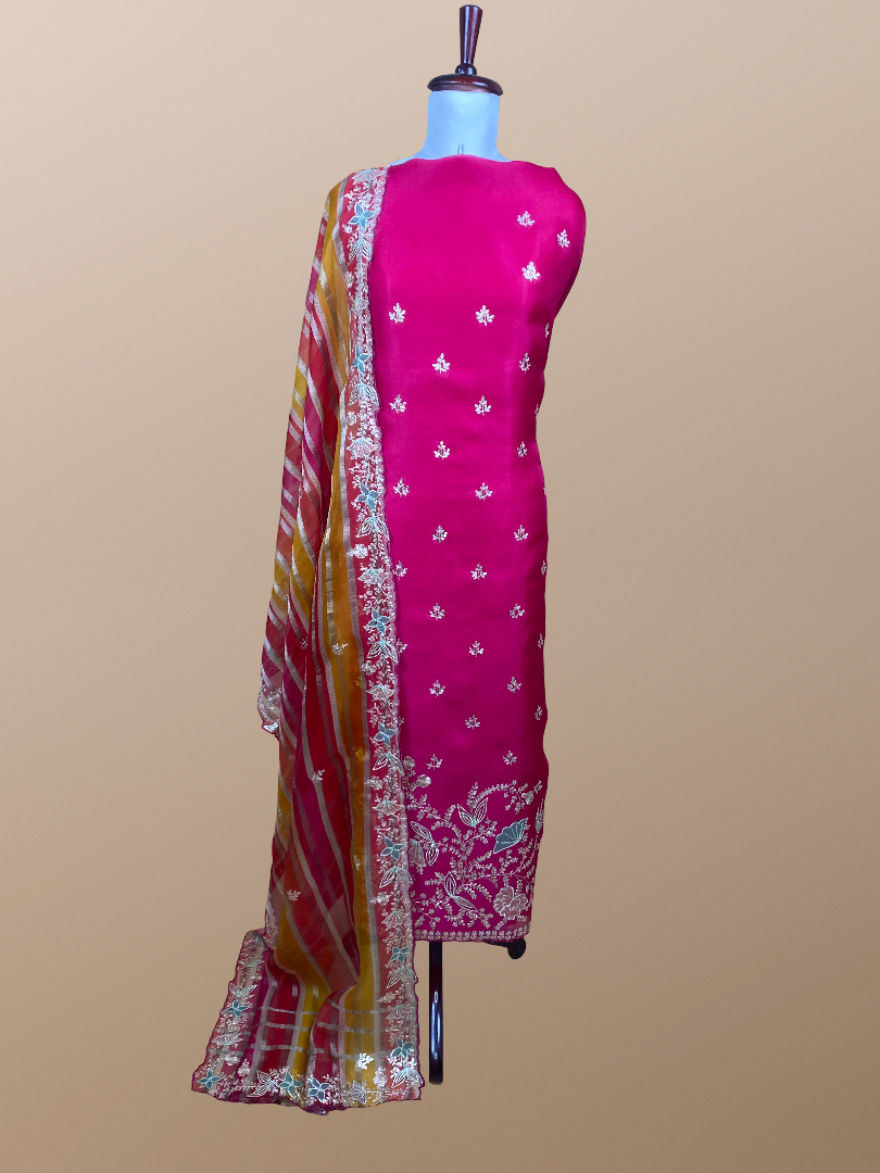 Pure Organza with Pitta Applique Embroidery with multicolour Dupatta