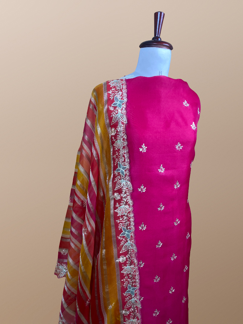 Pure Organza with Pitta Applique Embroidery with multicolour Dupatta