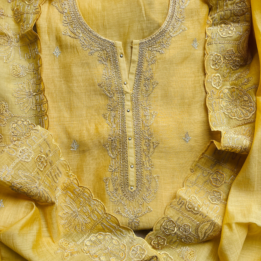 Pure Mulmul Chanderi Unstitched Suit With Zari Thread Embroidery