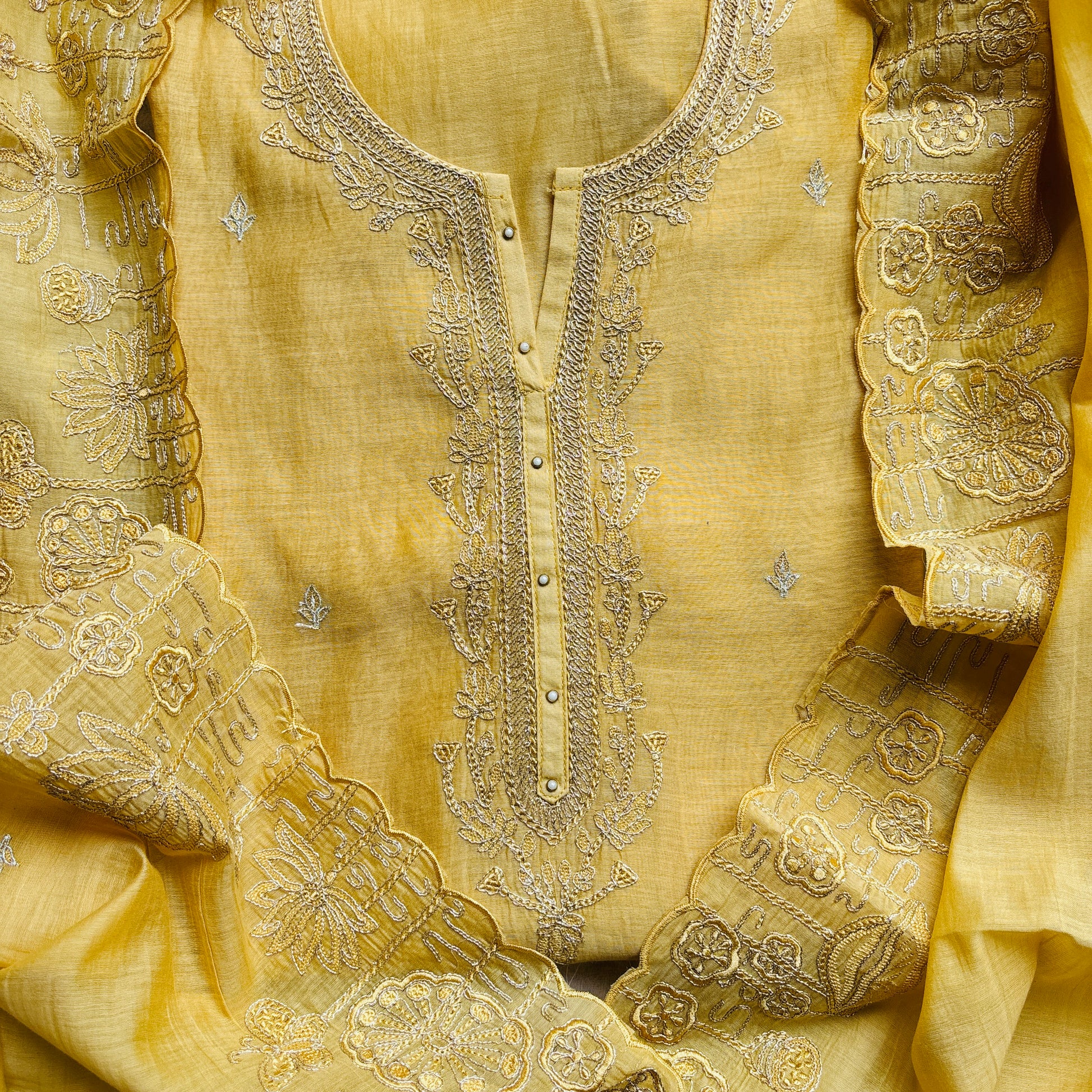 Pure Mulmul Chanderi Unstitched Suit With Zari Thread Embroidery