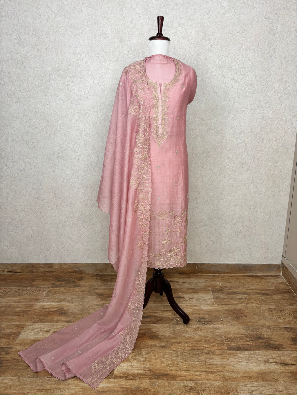 Pure Mulmul Chanderi Unstitched Suit With Zari Thread Embroidery