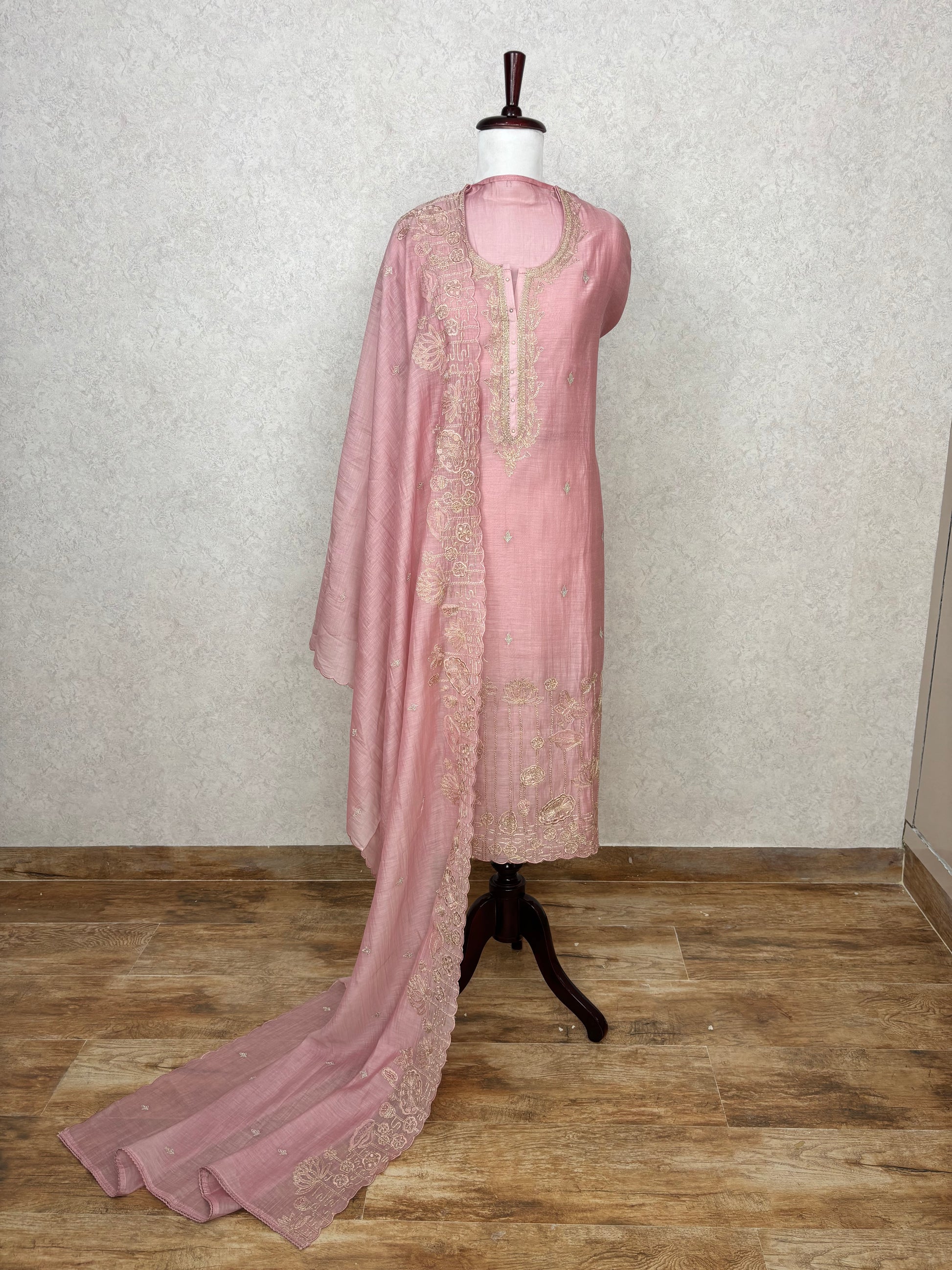 Pure Mulmul Chanderi Unstitched Suit With Zari Thread Embroidery