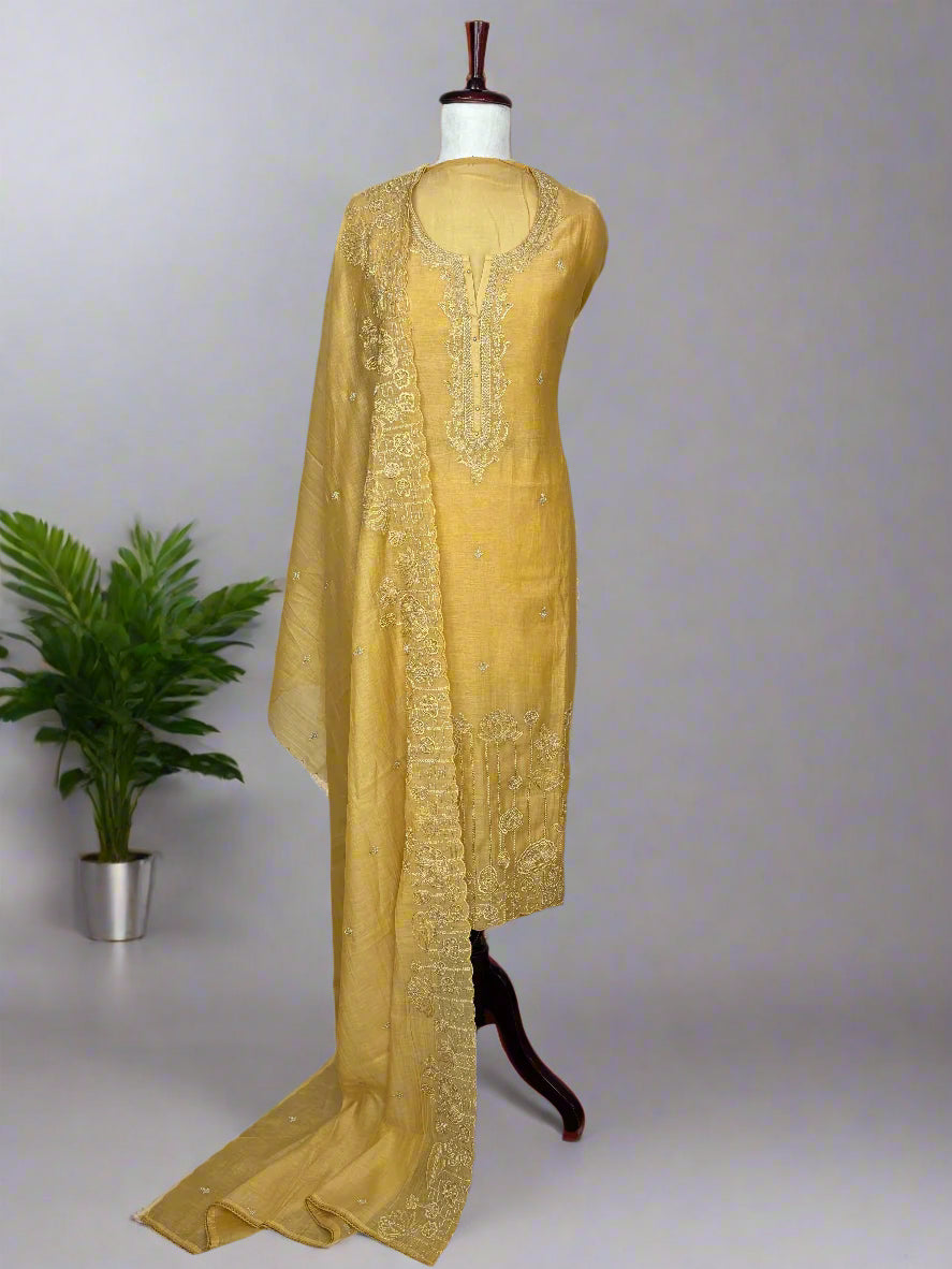 Pure Mulmul Chanderi Unstitched Suit With Zari Thread Embroidery