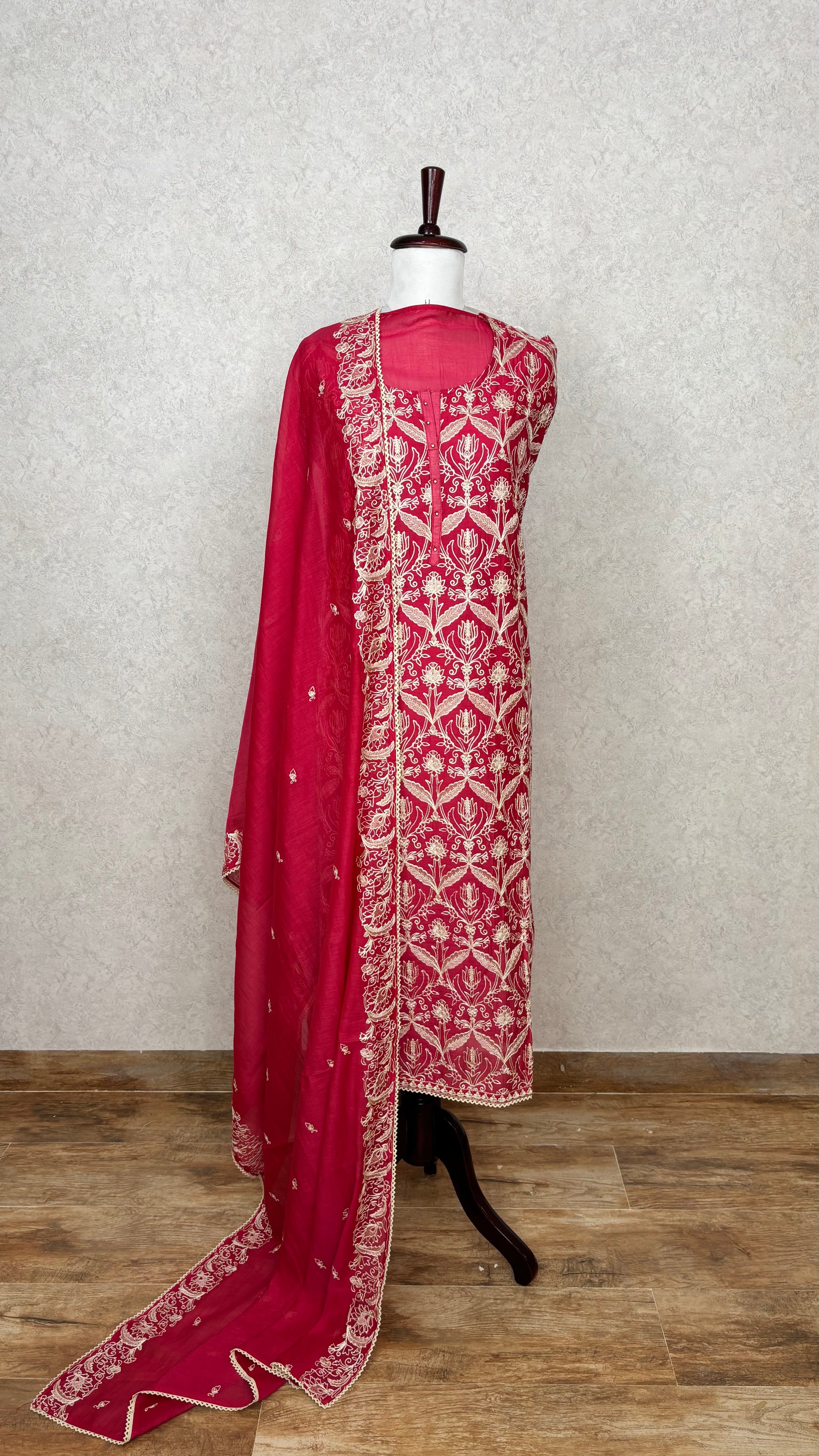 Jaal-e-Bahaar Red Pure Mulmul Chanderi Unstitched Suit
