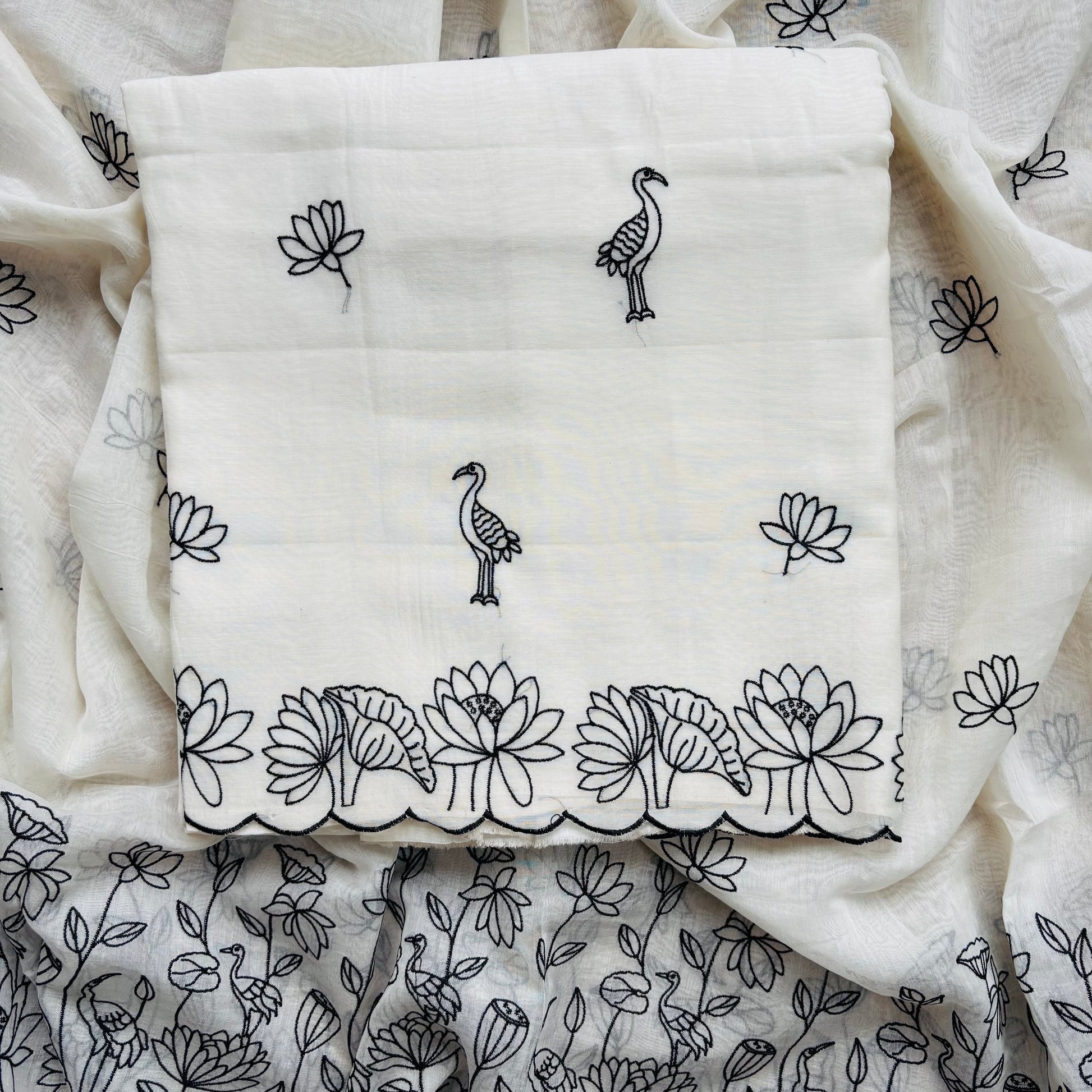 White Pure Mulmul Chanderi Hand Embroidery Suit