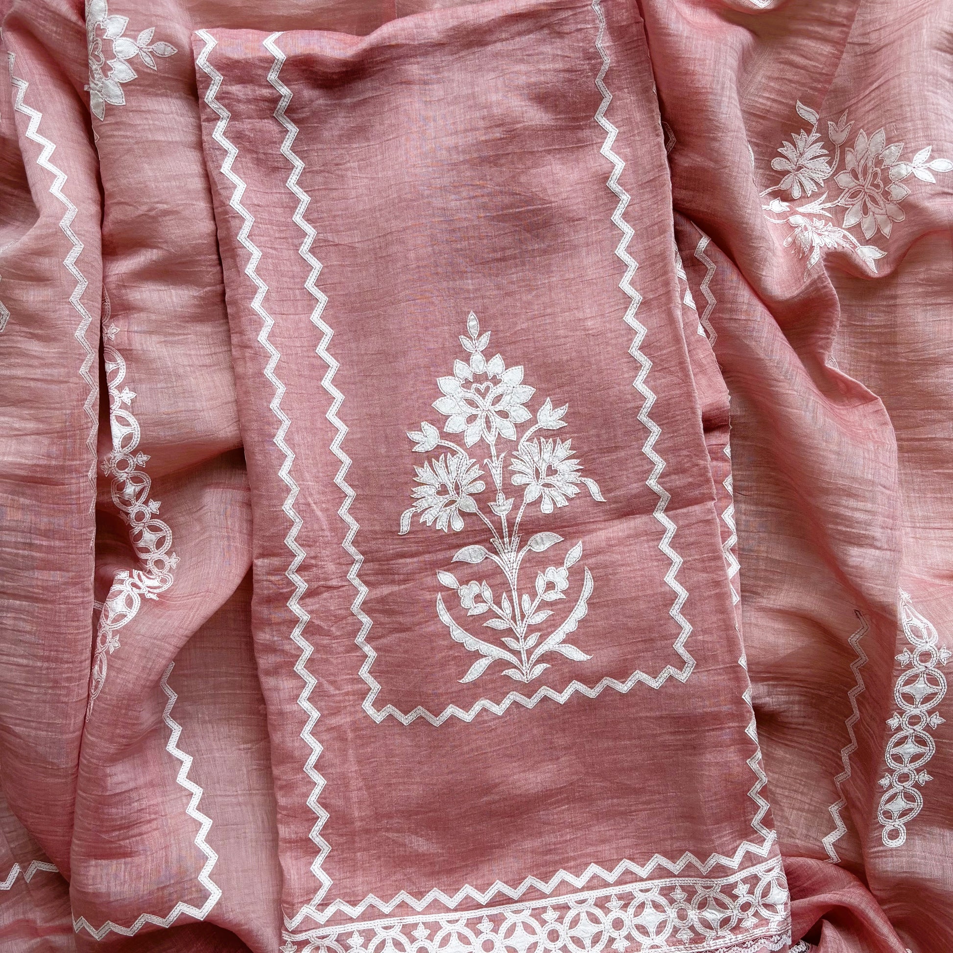 Mulmul Chanderi Applique Suit with Dupatta
