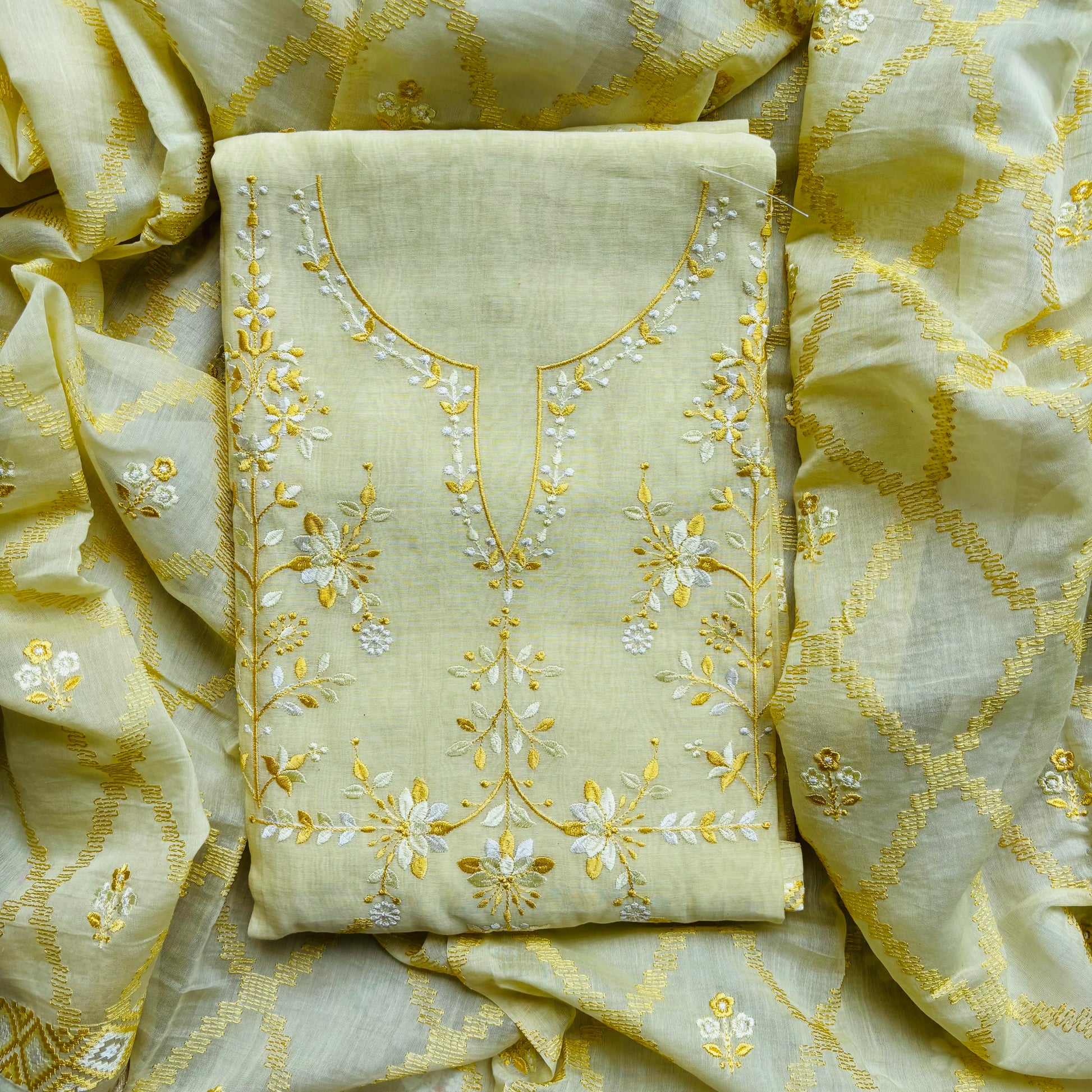 Pure Mulmul Chanderi Jaal Embroidery Suit with Dupatta