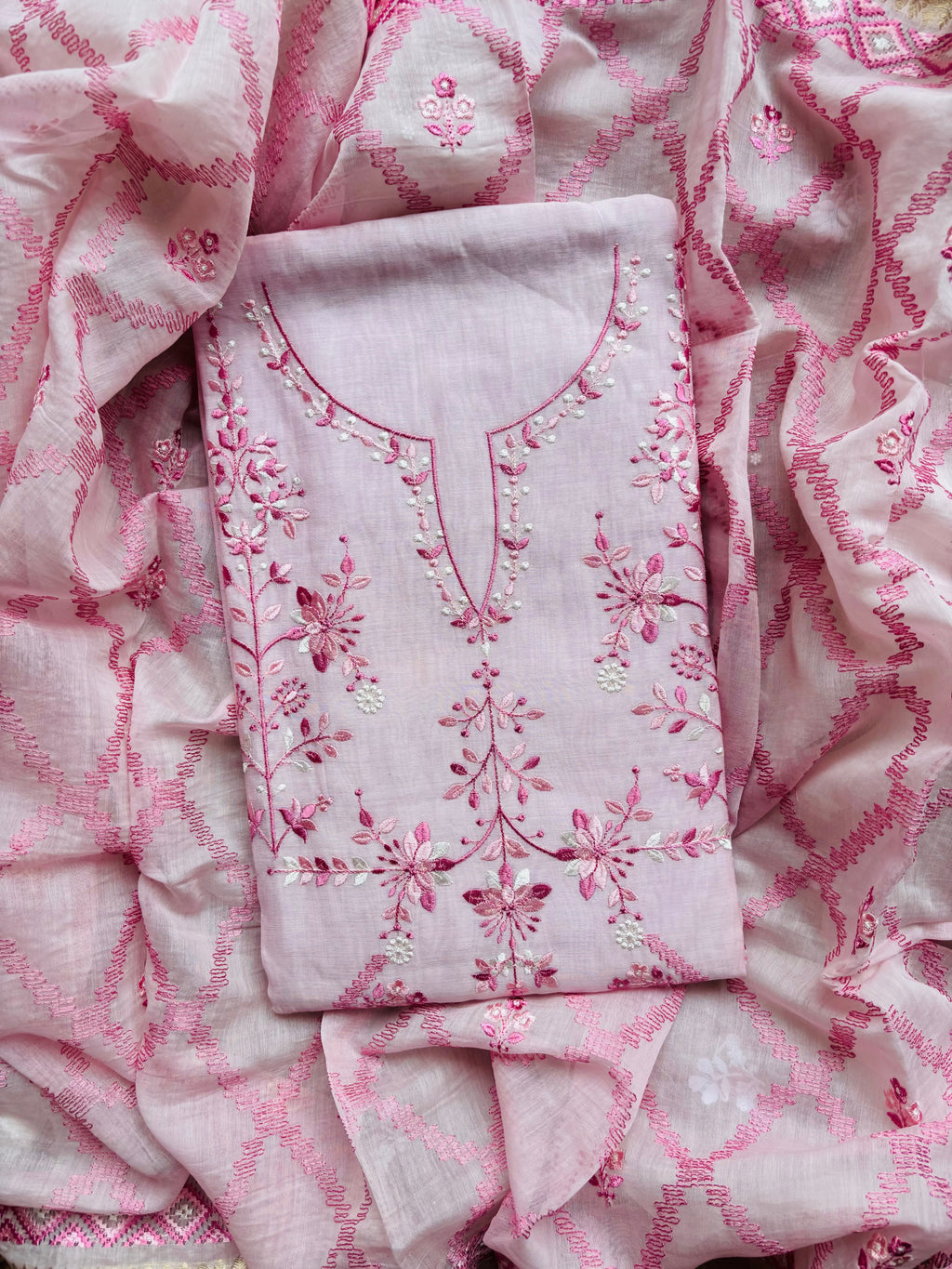 Pure Mulmul Chanderi Jaal Embroidery Suit with Dupatta