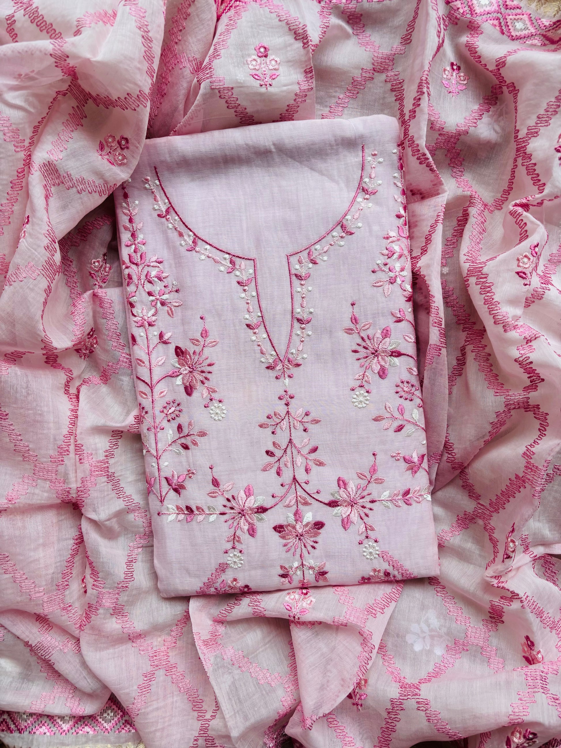 Pure Mulmul Chanderi Jaal Embroidery Suit with Dupatta