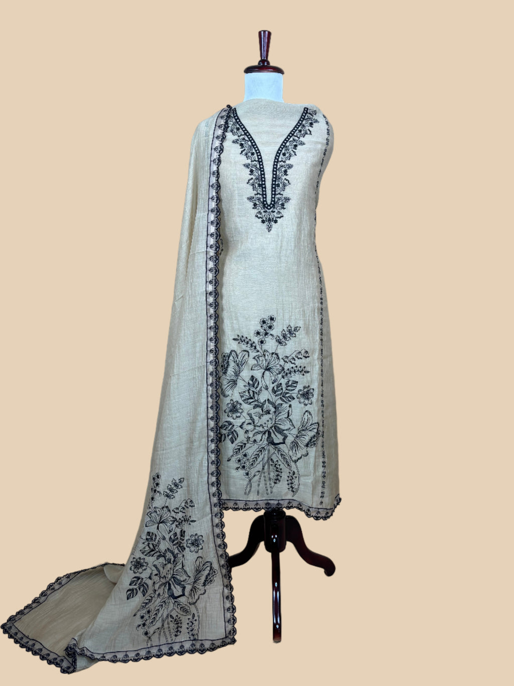 Beige Pure Mulmul Chanderi Embroidery Suit with Dupatta-6