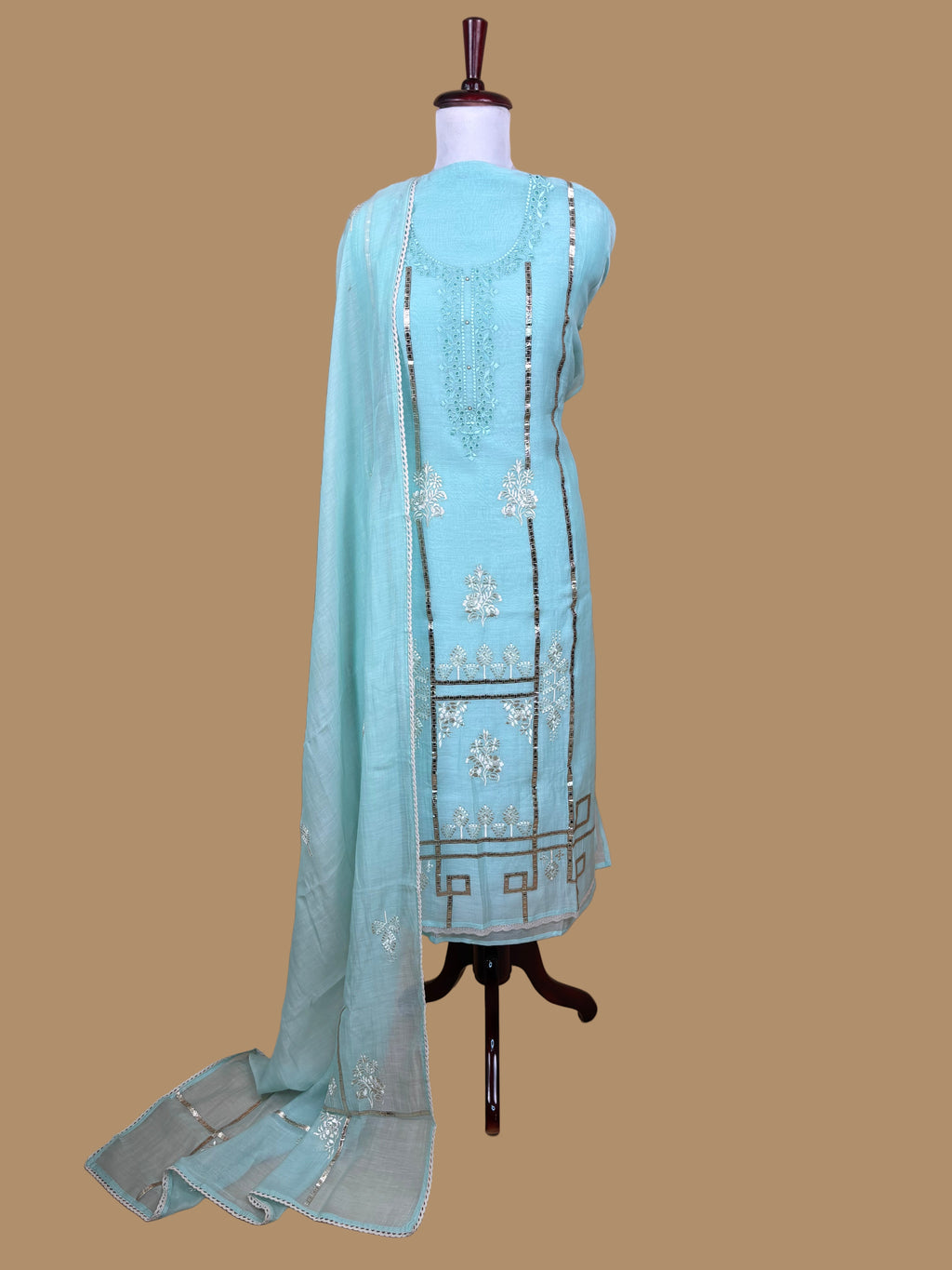 Sea Green Pure Mulmul Chanderi Embroidery Suit with Dupatta