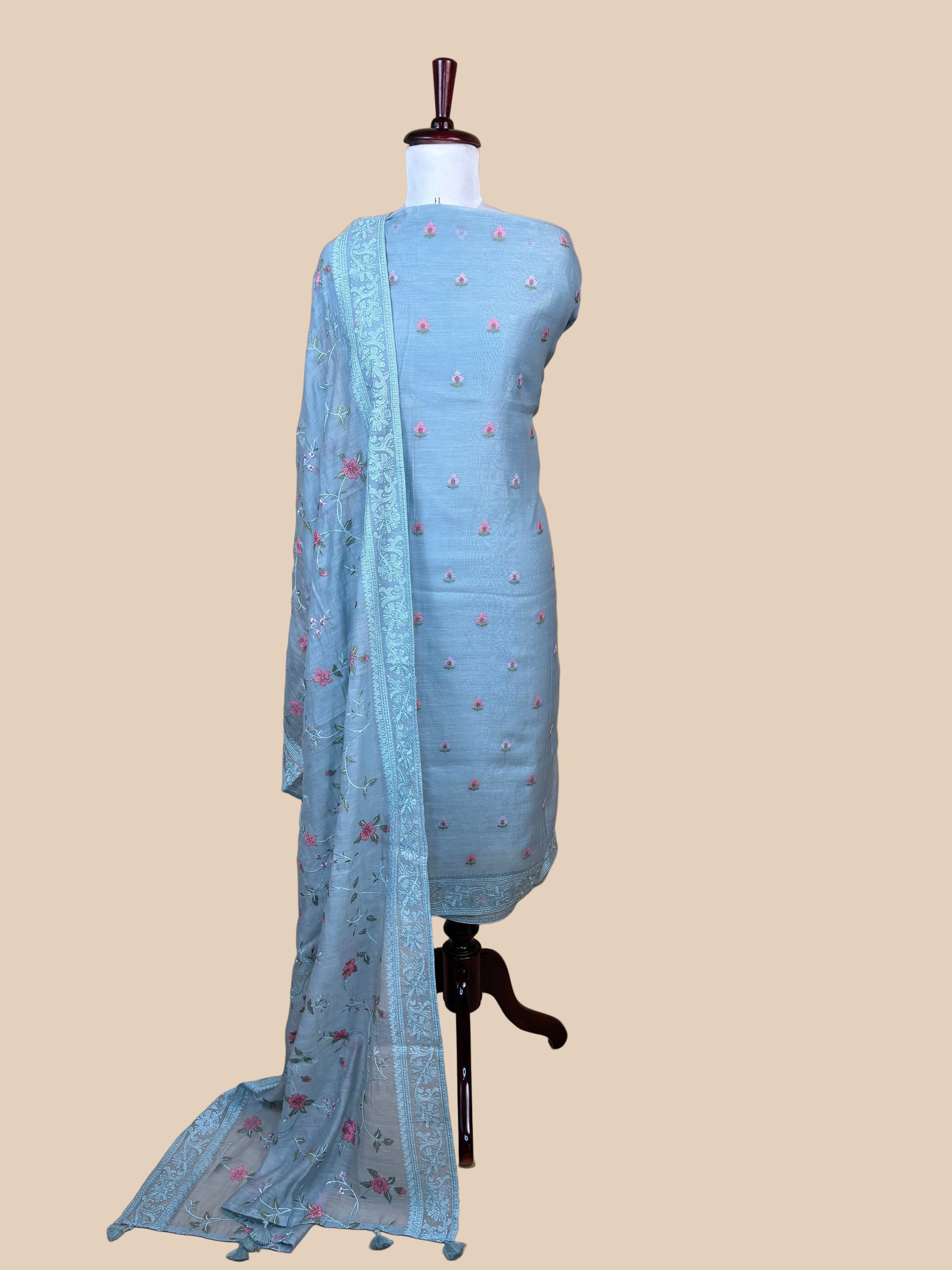 Mulmul Chanderi Cross stitched Embroidery Suit with Dupatta