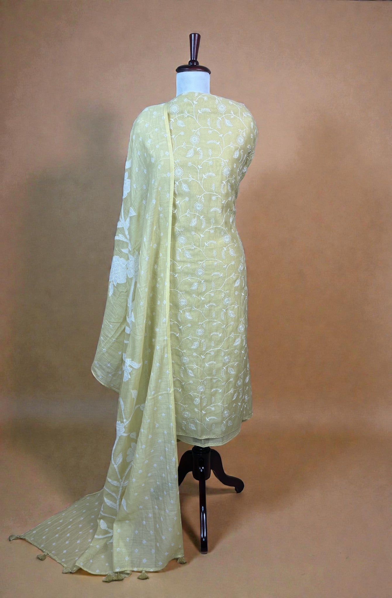 Yellow Pure Mulmul Chanderi Jaal Thread Embroidery with Bandani Applique Dupatta