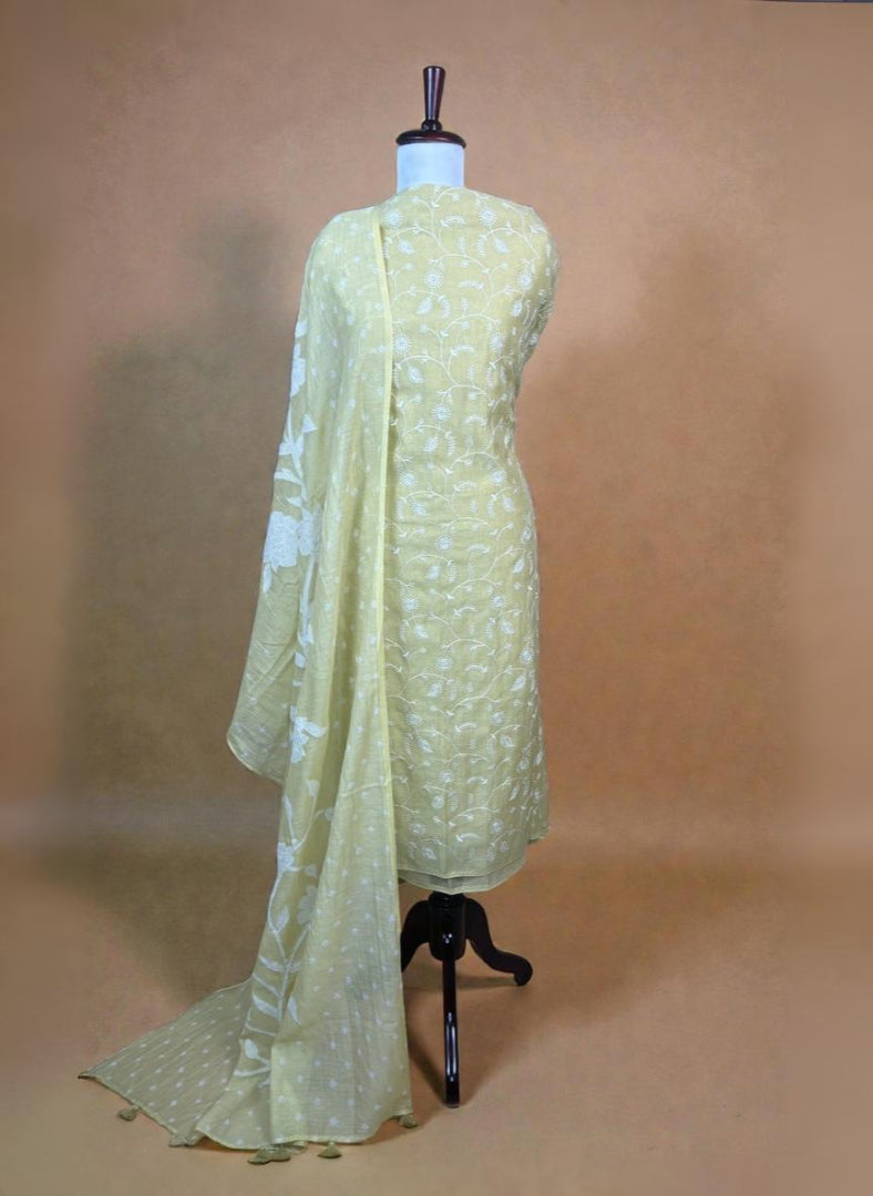 Yellow Pure Mulmul Chanderi Jaal Thread Embroidery with Bandani Applique Dupatta