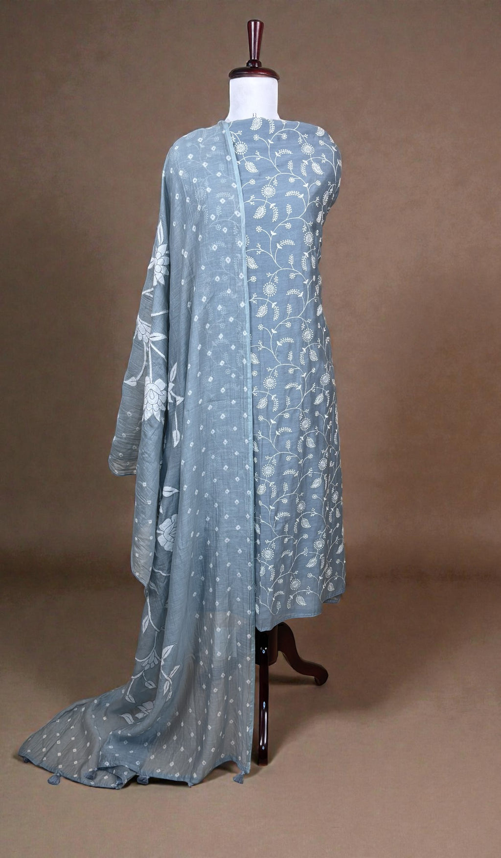 Yellow Pure Mulmul Chanderi Jaal Thread Embroidery with Bandani Applique Dupatta