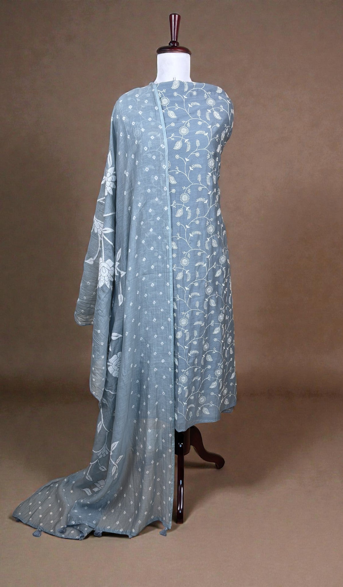 Yellow Pure Mulmul Chanderi Jaal Thread Embroidery with Bandani Applique Dupatta