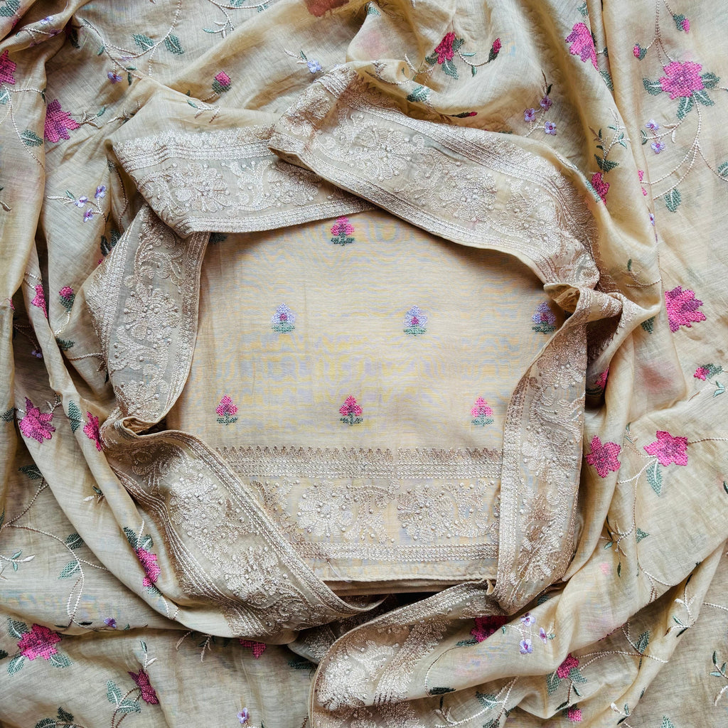 Mulmul Chanderi Cross stitched Embroidery Suit with Dupatta