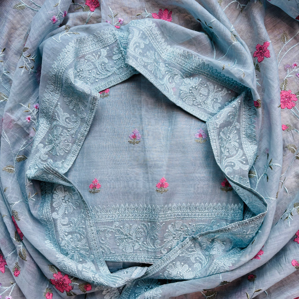 Mulmul Chanderi Cross stitched Embroidery Suit with Dupatta