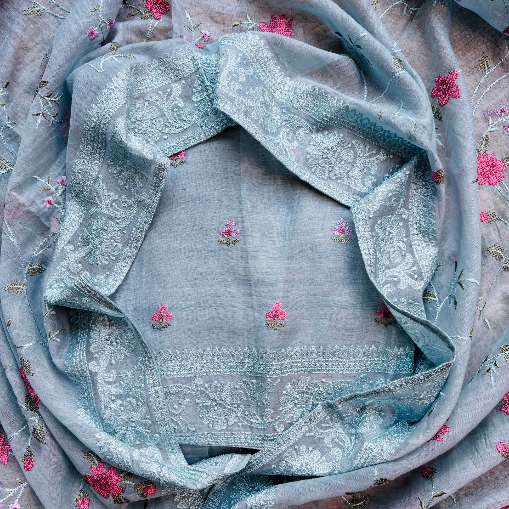 Mulmul Chanderi Cross stitched Embroidery Suit with Dupatta