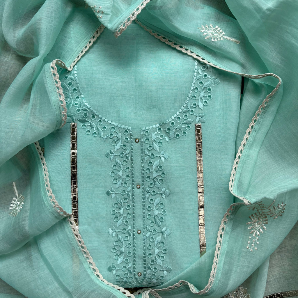 Sea Green Pure Mulmul Chanderi Embroidery Suit with Dupatta