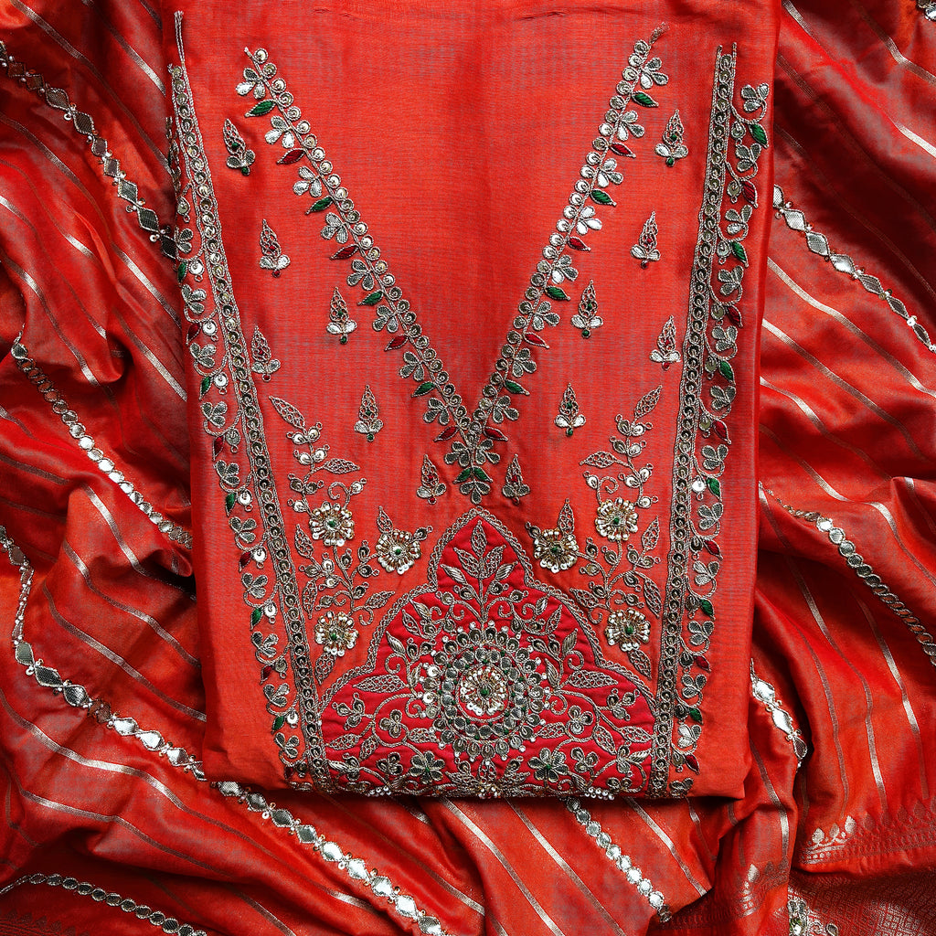 Deep Orange Pure Chanderi Gotta Patti Suit with Pure Banarasi Dupatta