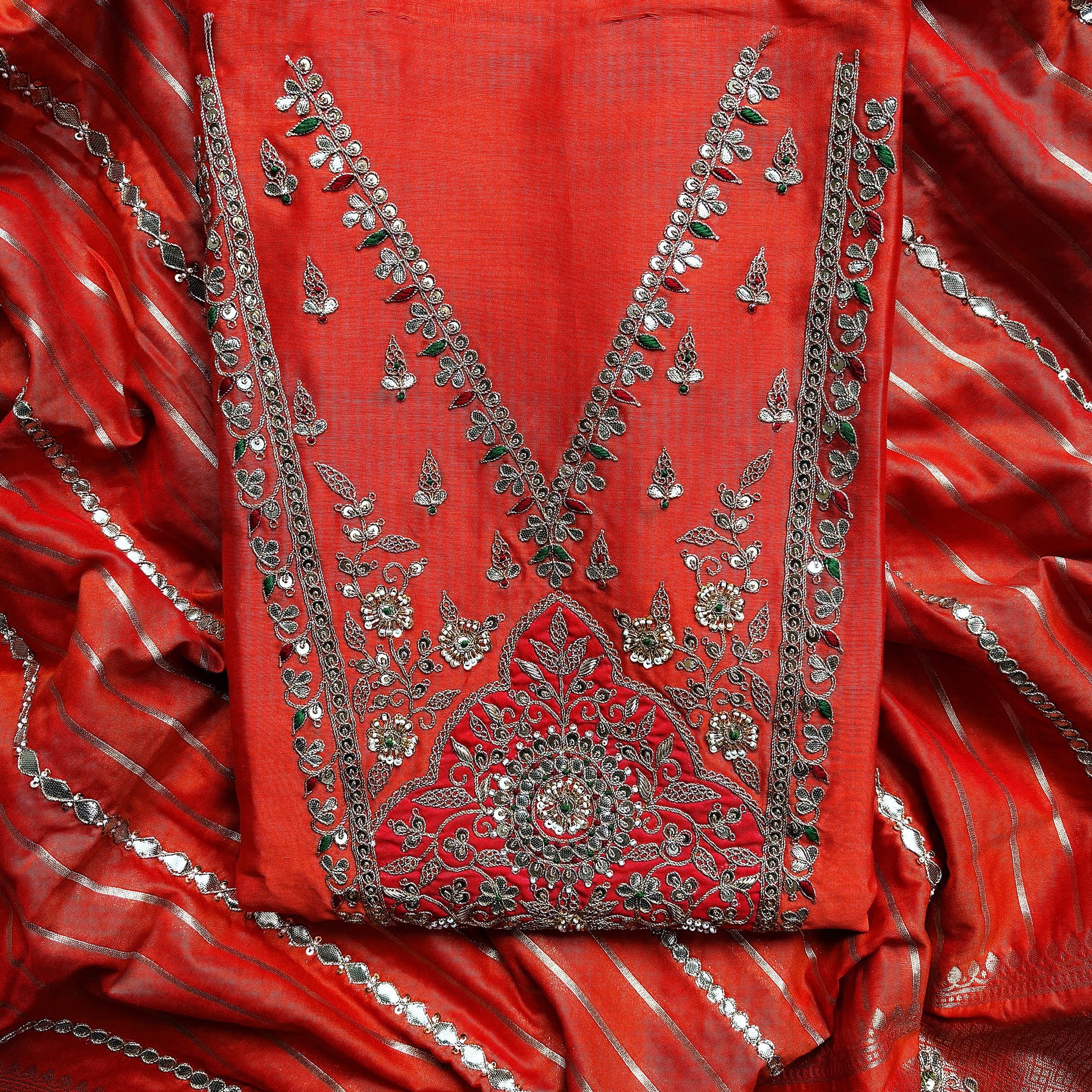 Deep Orange Pure Chanderi Gotta Patti Suit with Pure Banarasi Dupatta