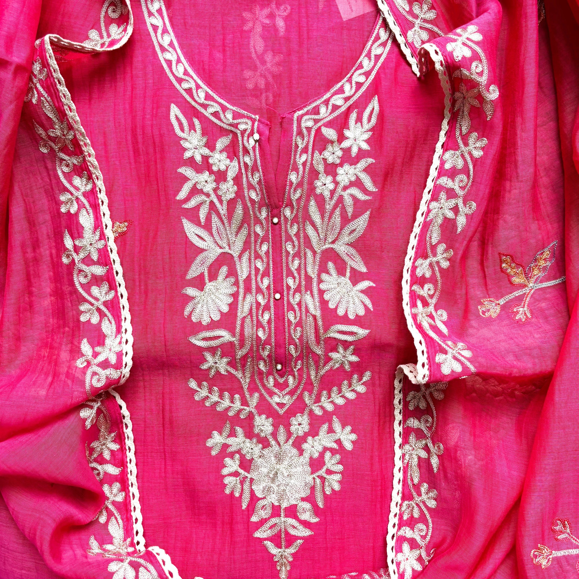 Magenta Pure Mulmul Chanderi Zari Aari Embroidery Suit with Dupatta