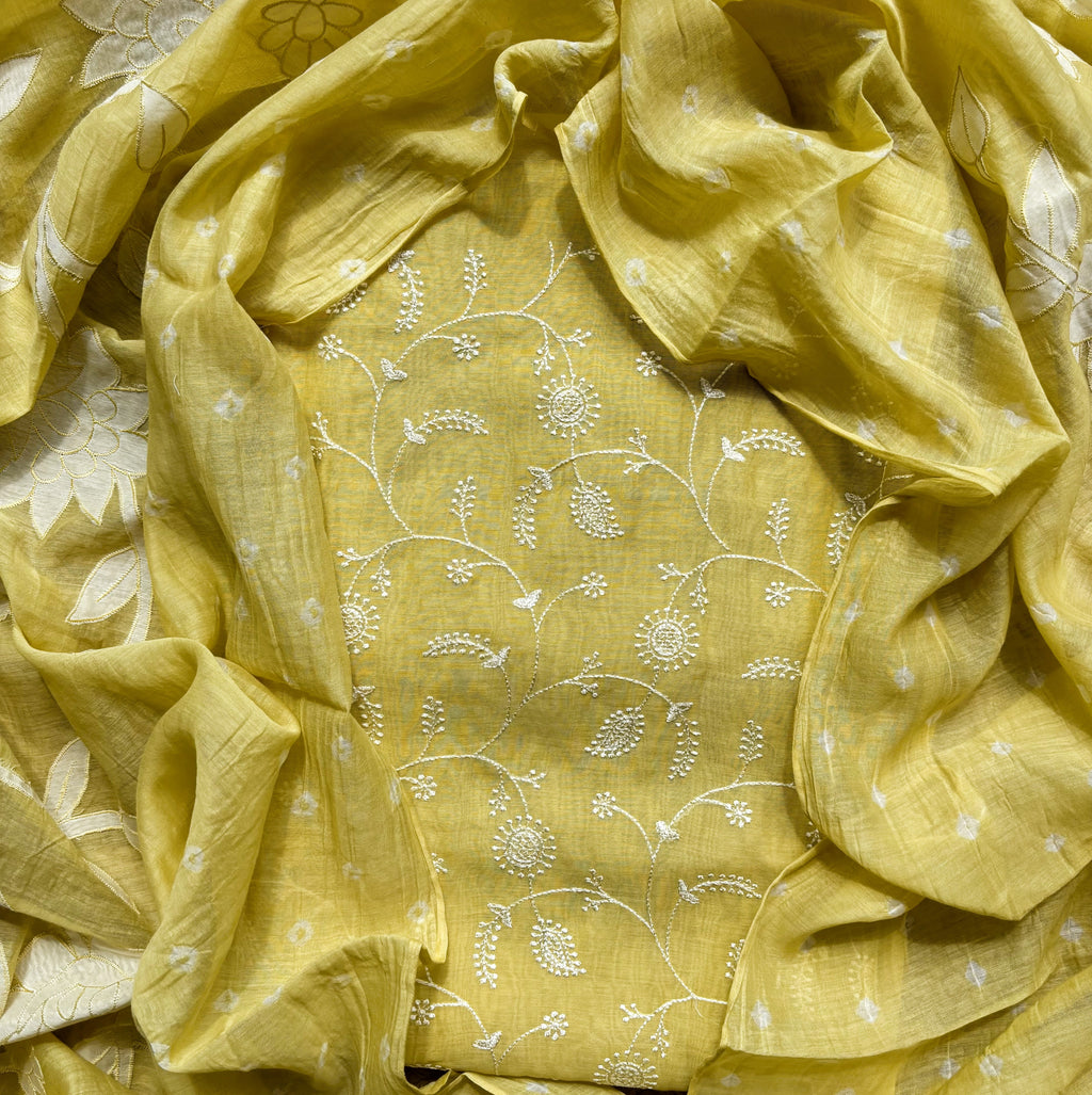 Yellow Pure Mulmul Chanderi Jaal Thread Embroidery with Bandani Applique Dupatta