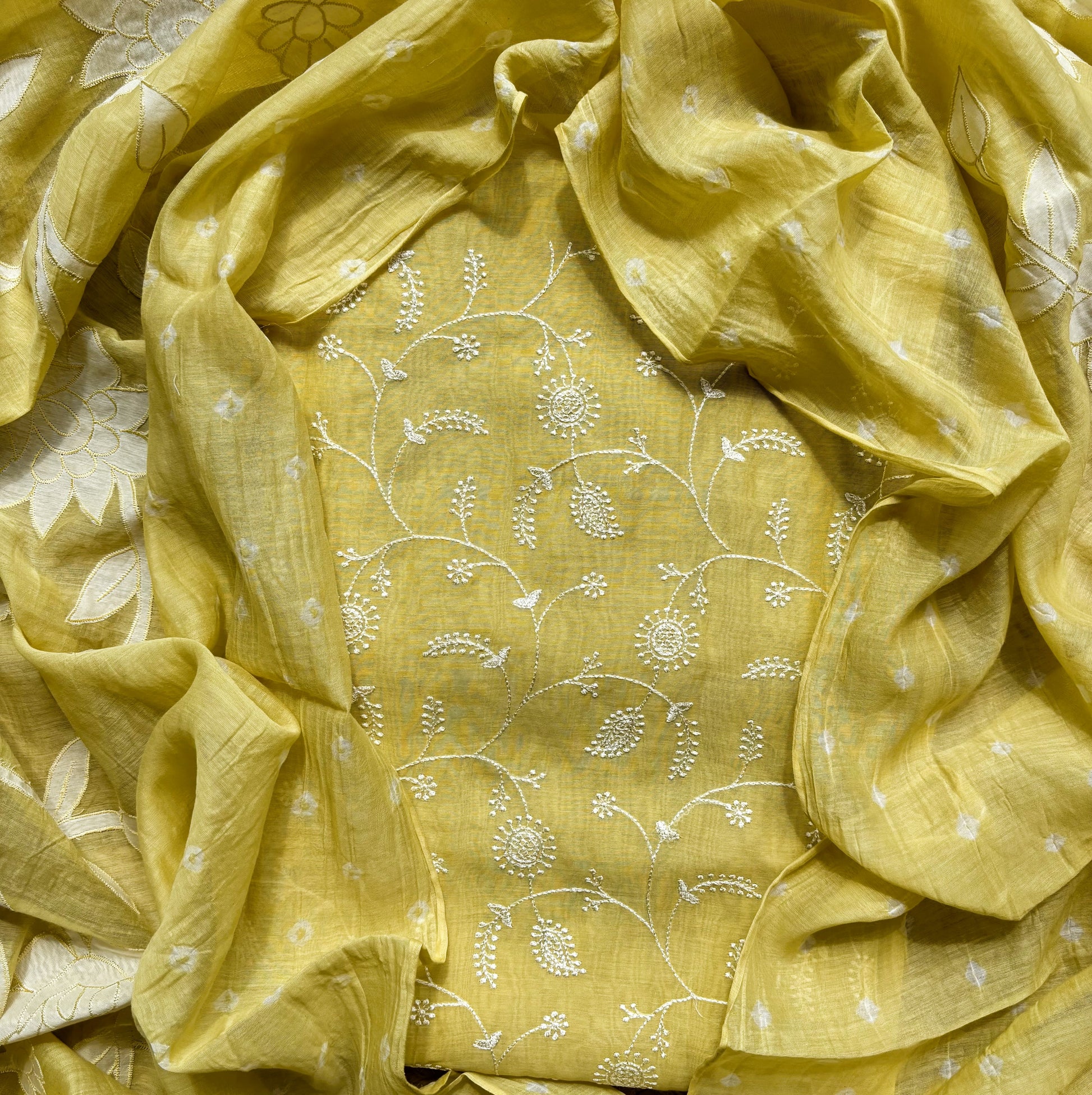 Yellow Pure Mulmul Chanderi Jaal Thread Embroidery with Bandani Applique Dupatta