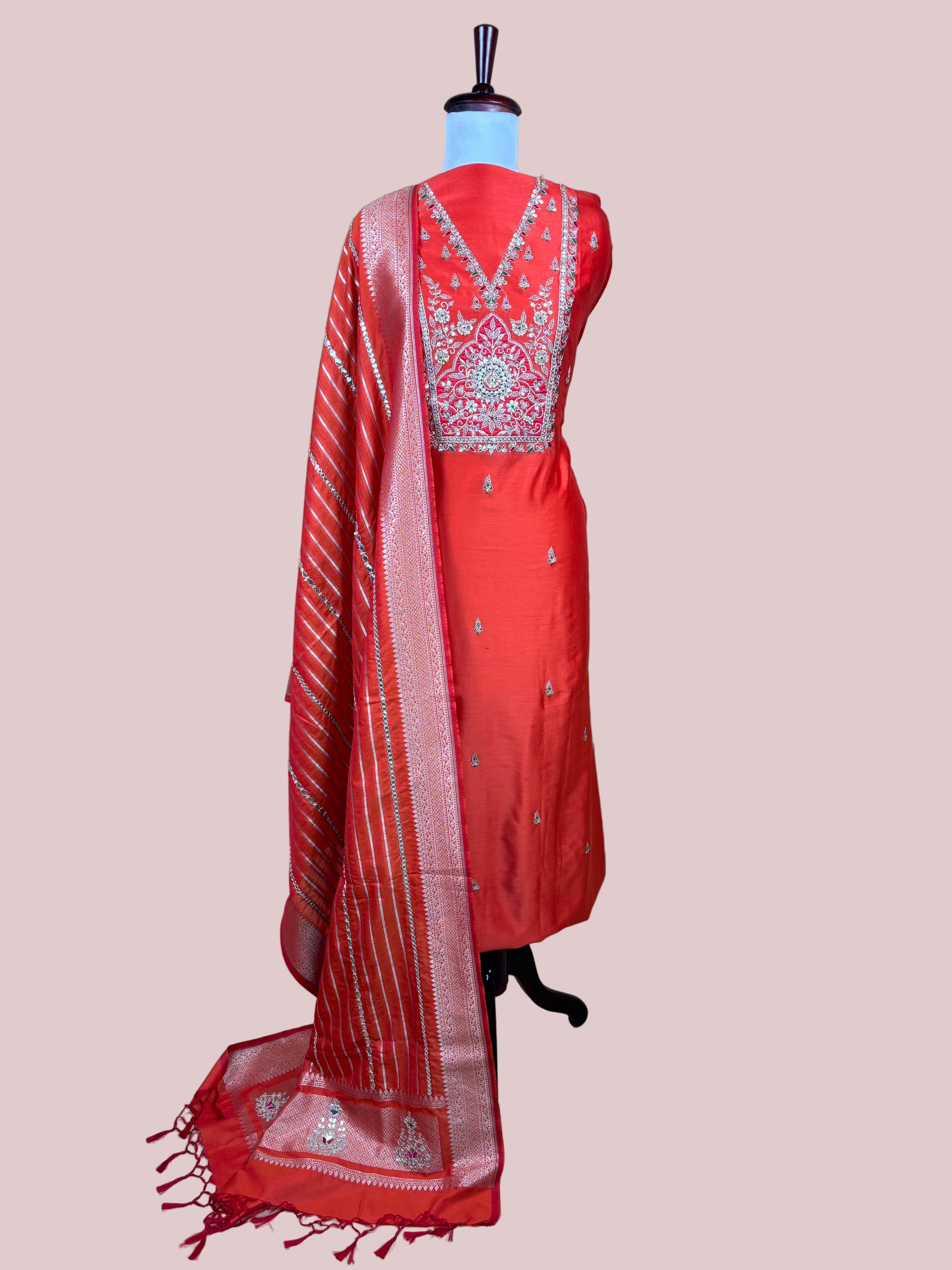 Deep Orange Pure Chanderi Gotta Patti Suit with Pure Banarasi Dupatta