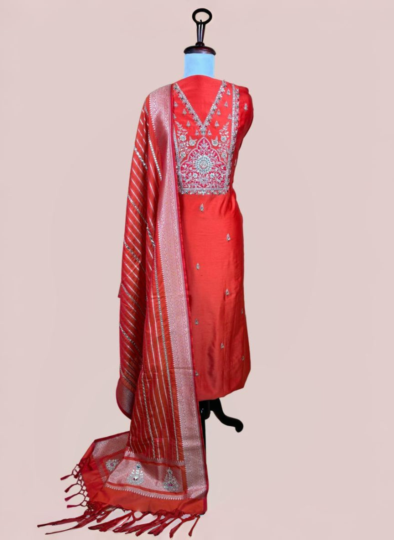 Deep Orange Pure Chanderi Gotta Patti Suit with Pure Banarasi Dupatta