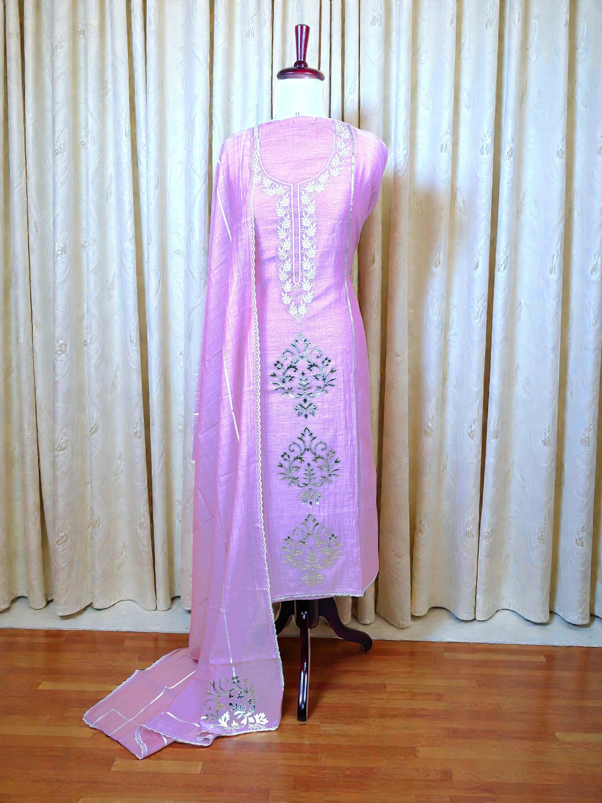 Pink Mulmul Chanderi with Applique Embroidery Suit with Dupatta