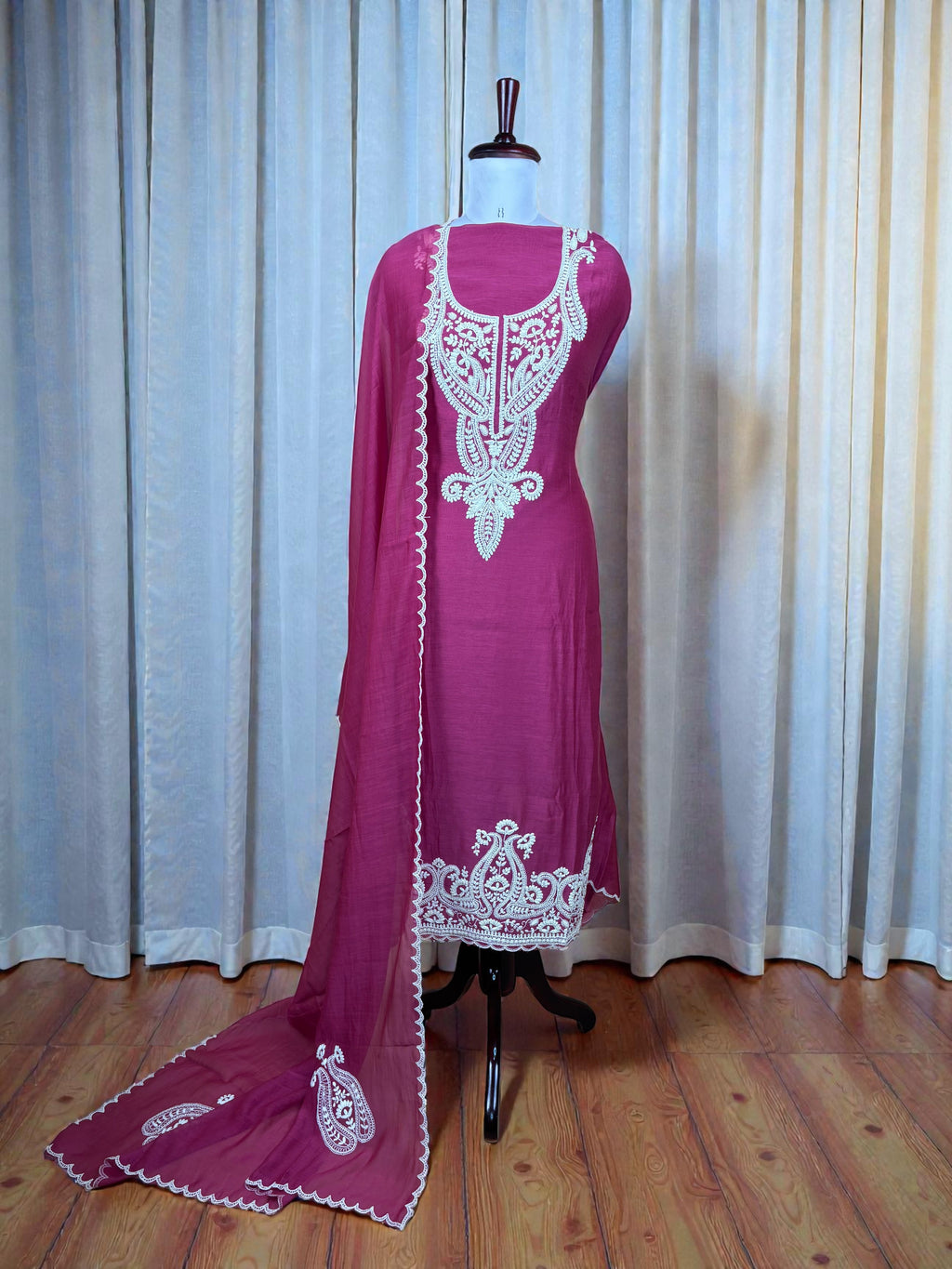 Magenta Pure Mulmul Chanderi Dori Pearl Embroidery Suit with Dupatta