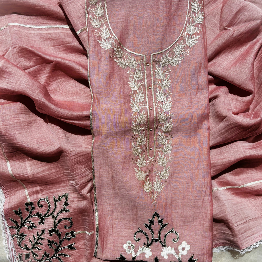 Pink Mulmul Chanderi with Applique Embroidery Suit with Dupatta