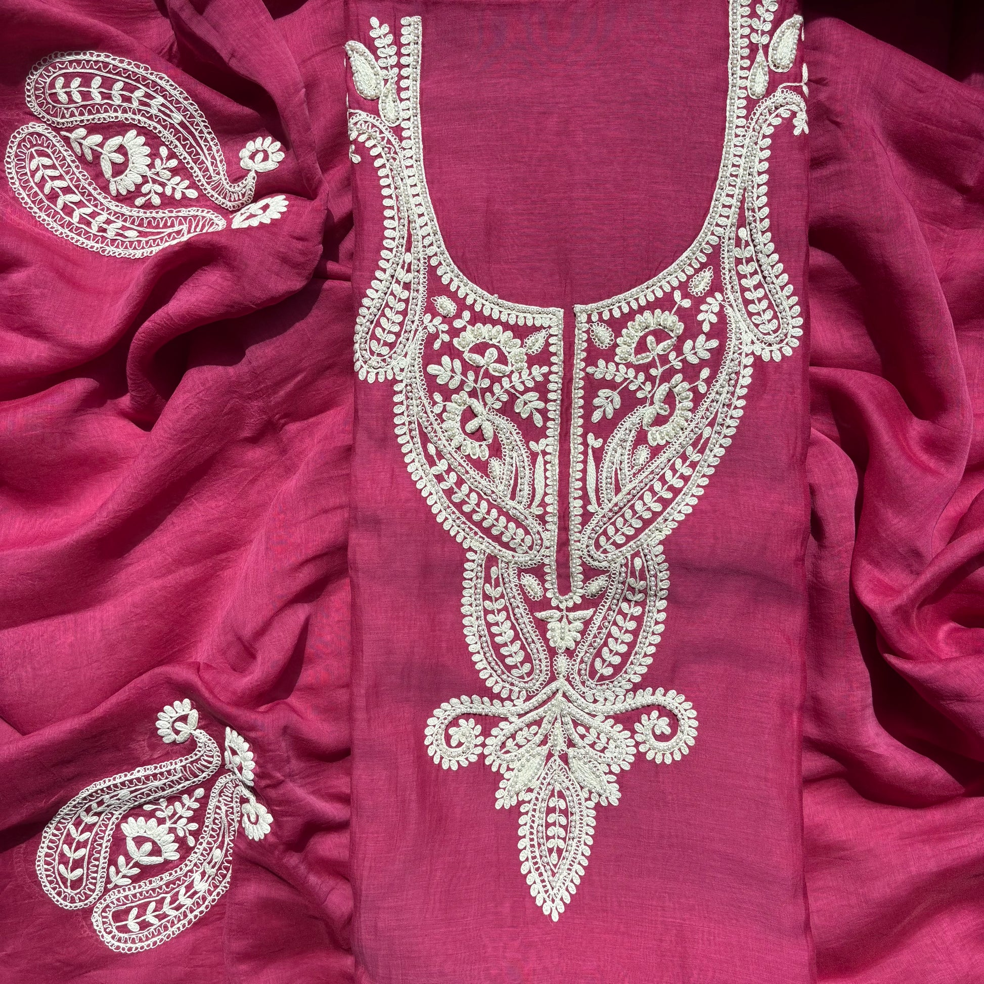 Magenta Pure Mulmul Chanderi Dori Pearl Embroidery Suit with Dupatta