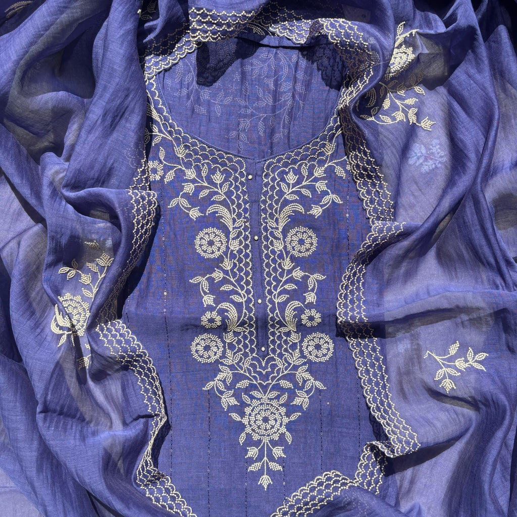 Pure Mulmul Chanderi Cross Stitch embroidery Suit with Dupatta