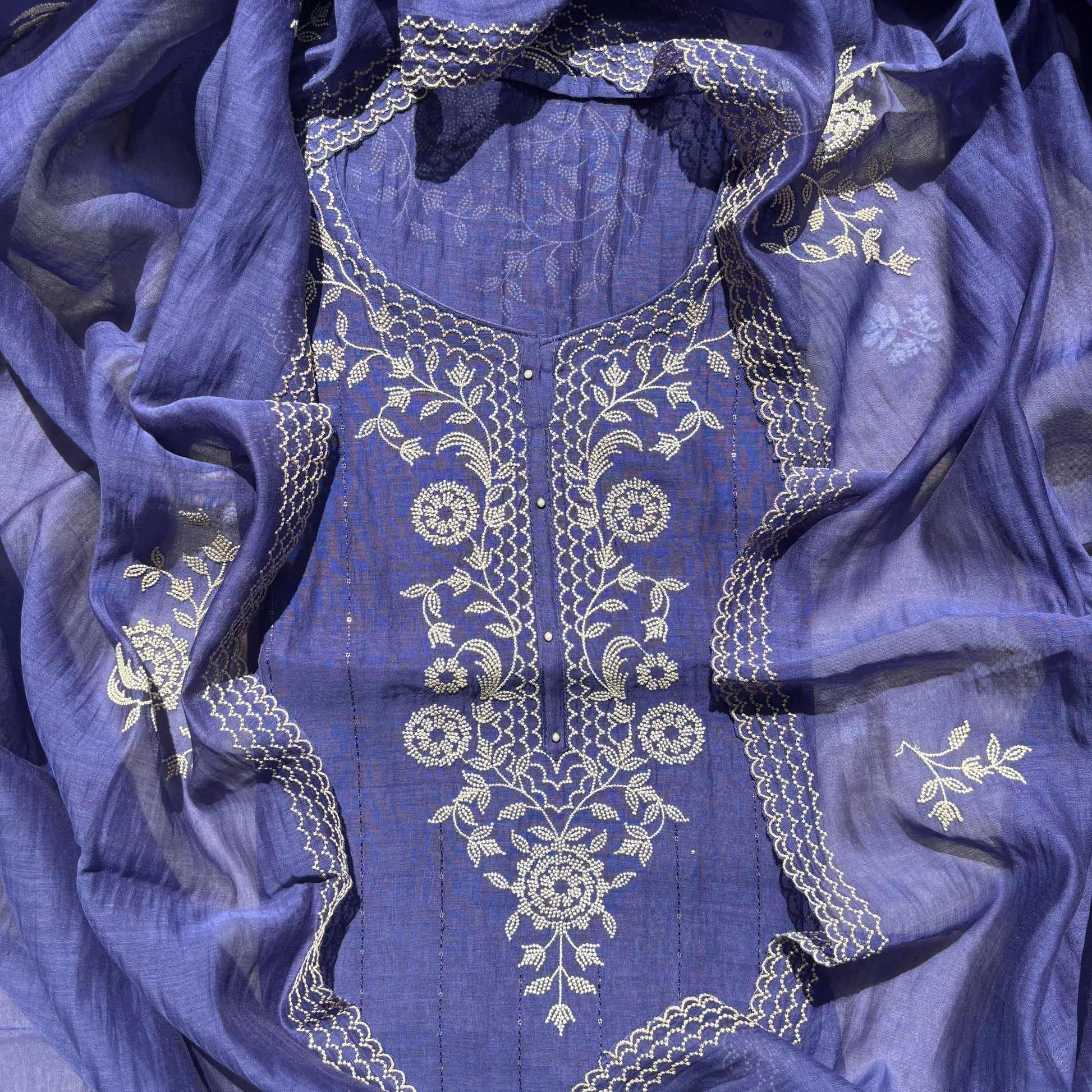 Pure Mulmul Chanderi Cross Stitch embroidery Suit with Dupatta