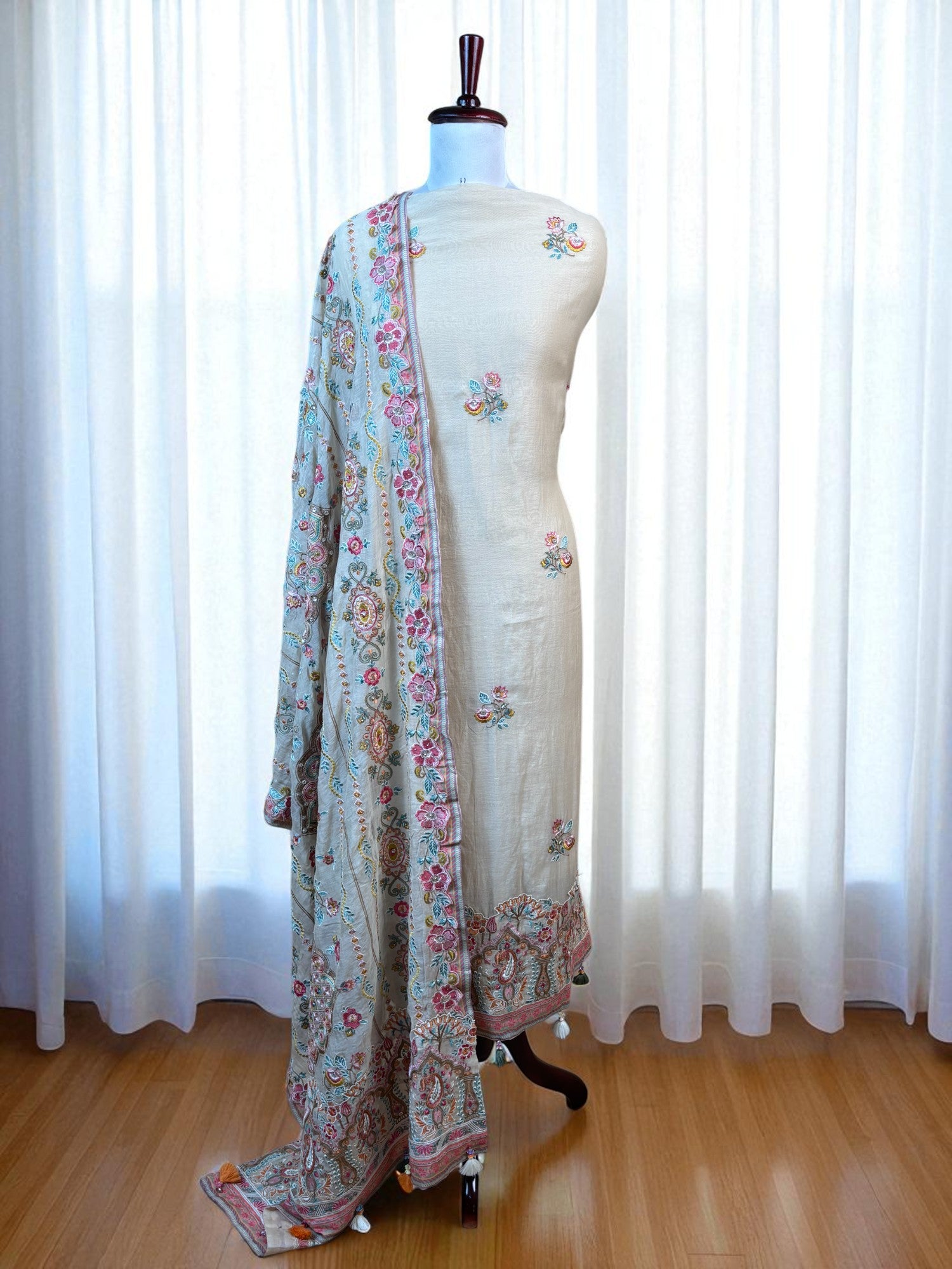 Beige Mulmul Chanderi Aari Embroidery Suit with Dupatta