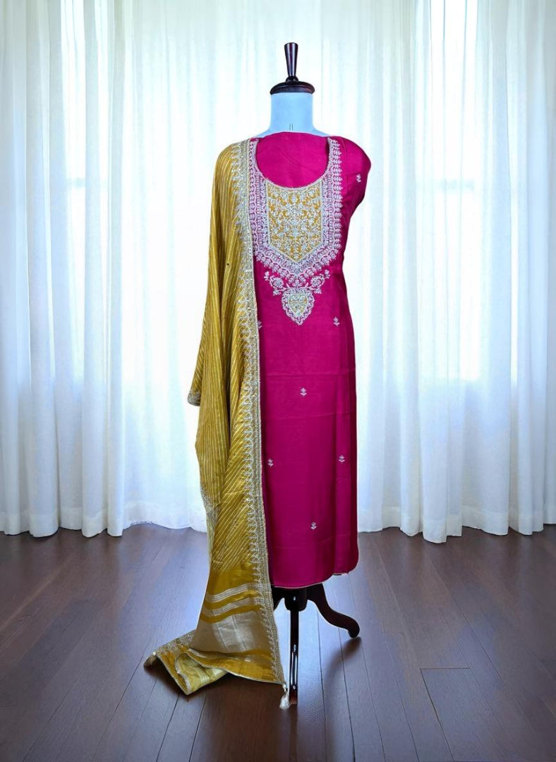 Regal Rani Pink Silk Suit with Opulent Gold Zari Yoke
