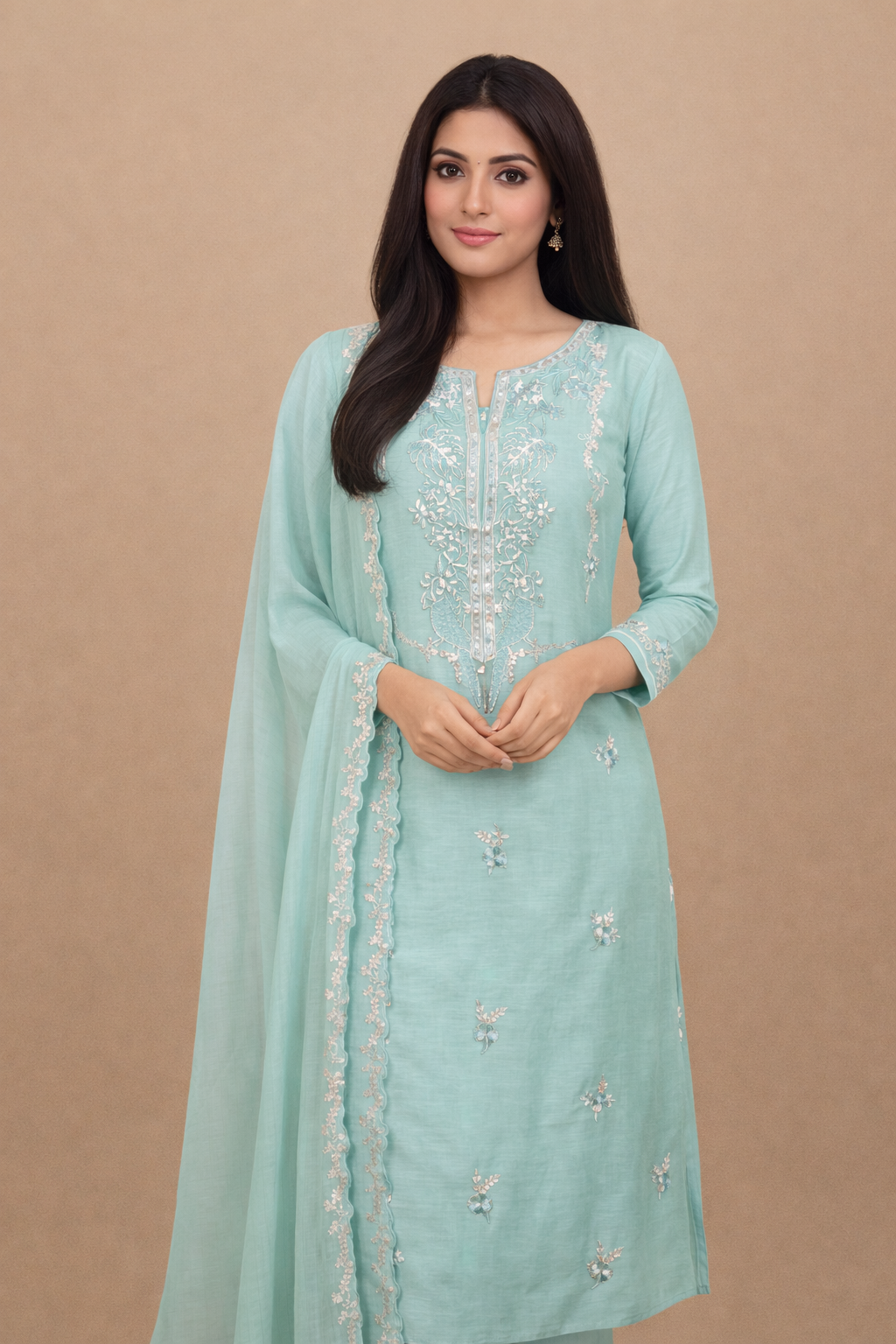 Pure Mulmul Chanderi with Pitta Sequence Hand embroidery Suit