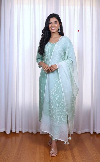 Mulmul Chanderi Thread embroidery Suit Set