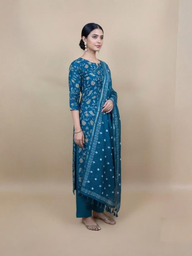 Mulmul Chanderi Floral Printed Embroidery Suit