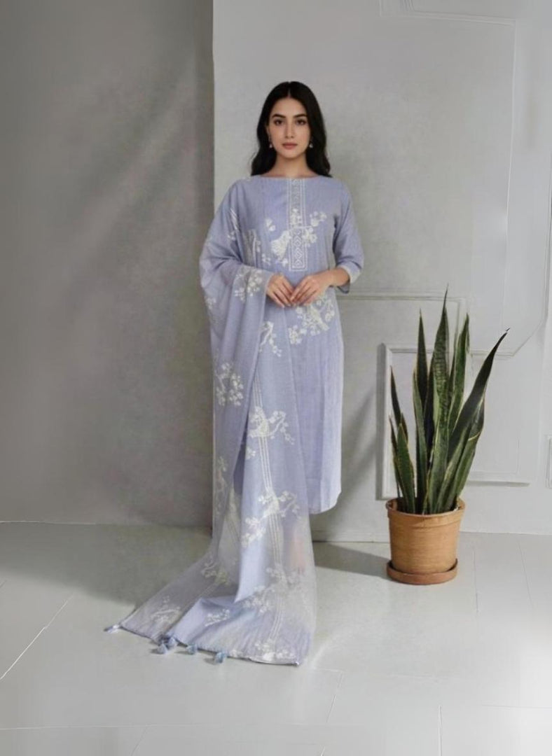 Pure Mulmul Chanderi with stripes and birds embroidery Suit