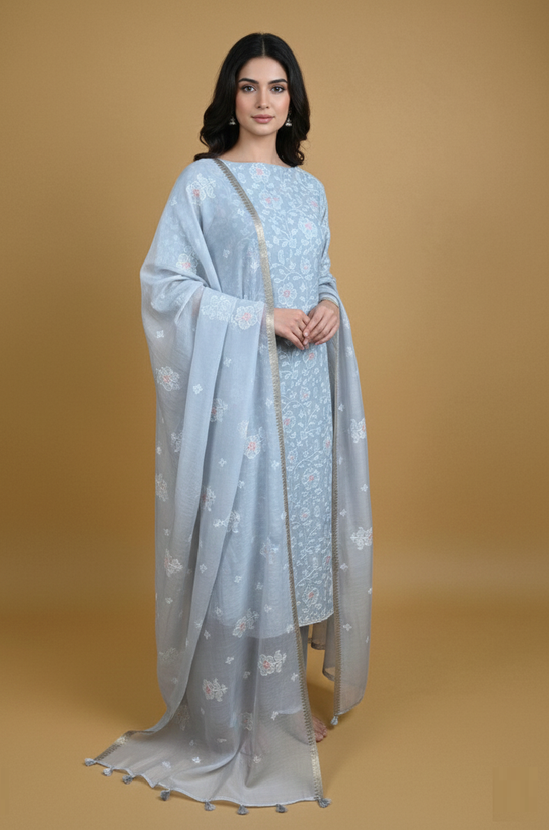 Grey Mulmul Chanderi Thread Embroidery Floral Kurta Set